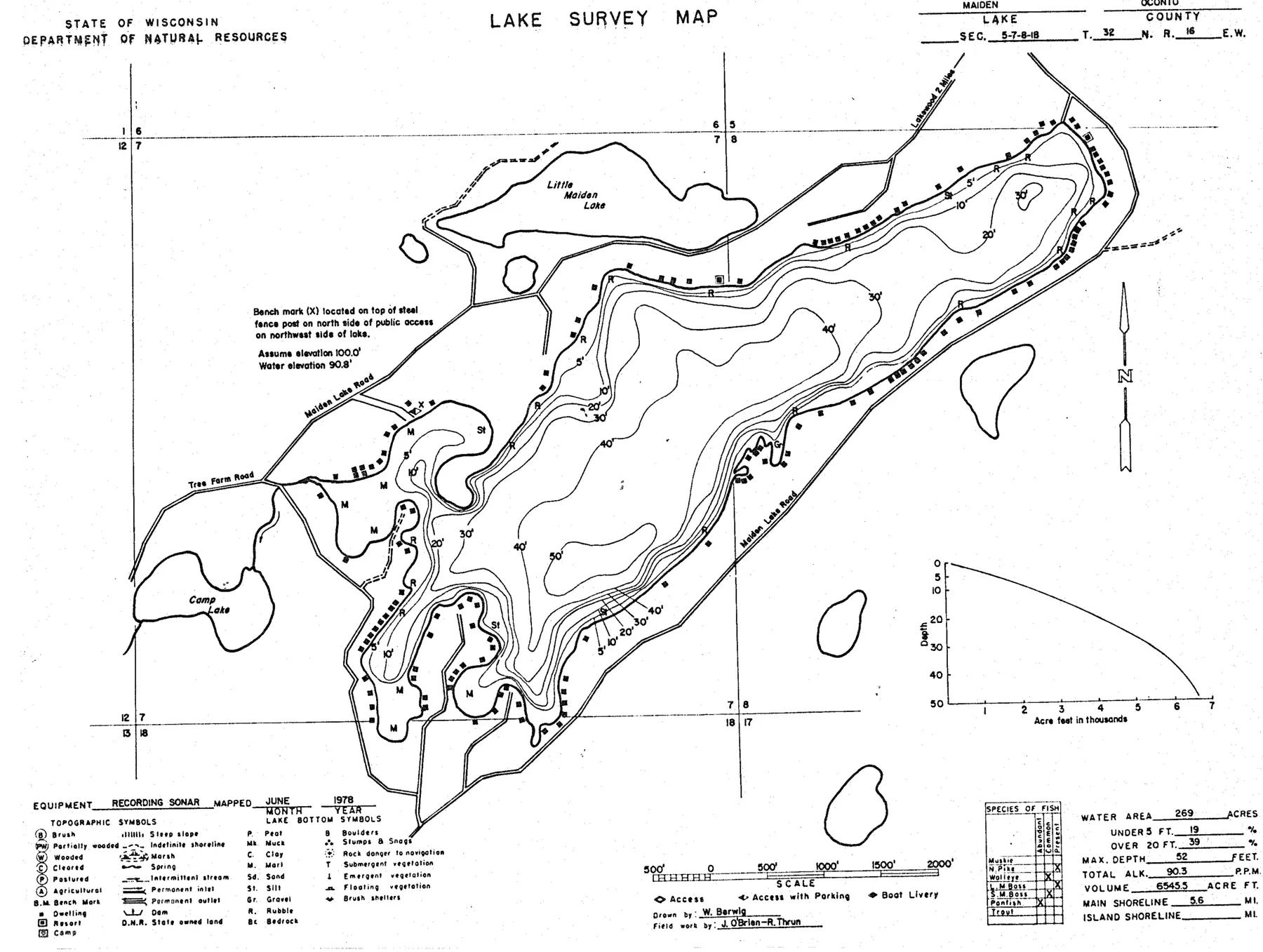 DNR survey map of Maiden Lake, with depths in feet. Tap to zoom.