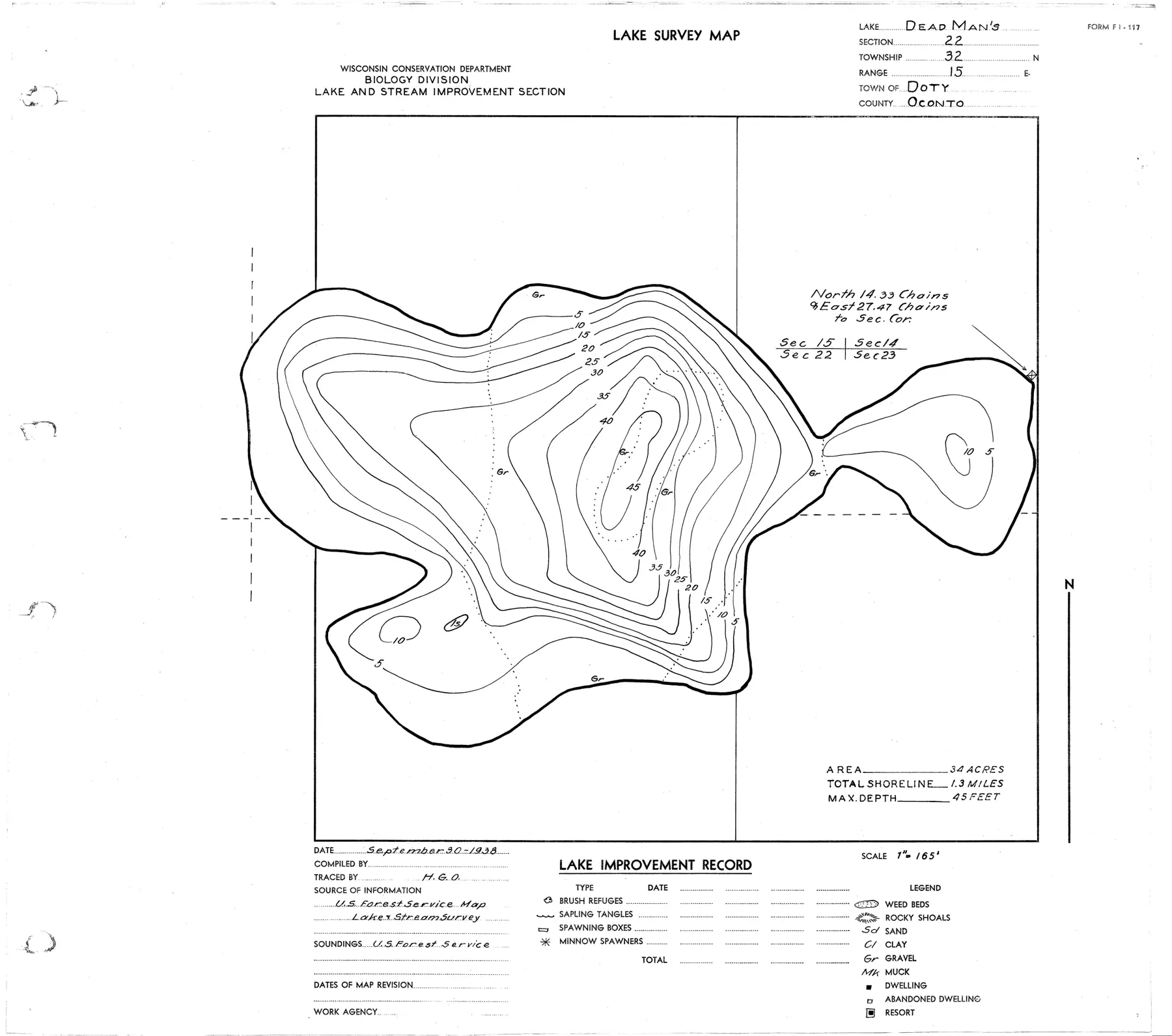 DNR survey map of Deadman Lake, with depths in feet. Tap to zoom.