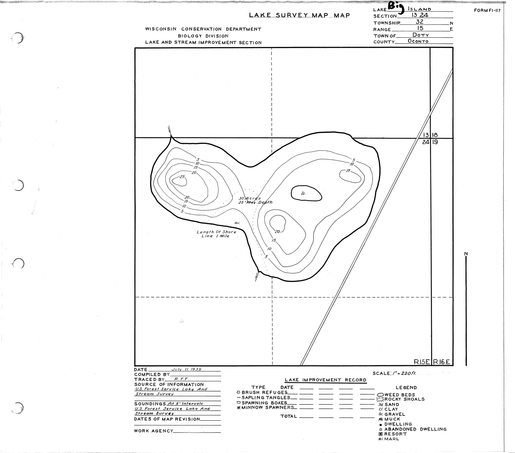 DNR survey map of Big Island Lake, with depths in feet. Tap to zoom.