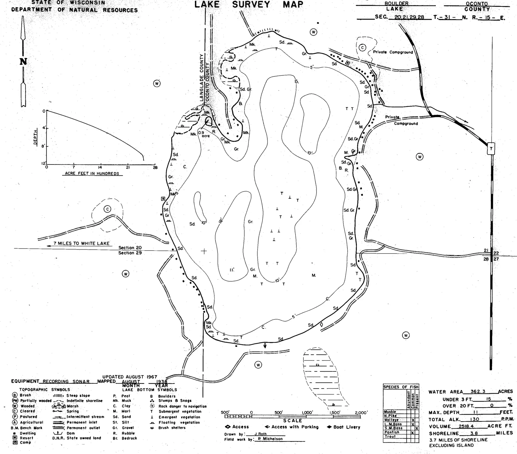 DNR survey map of Boulder Lake, with depths in feet. Tap to zoom.