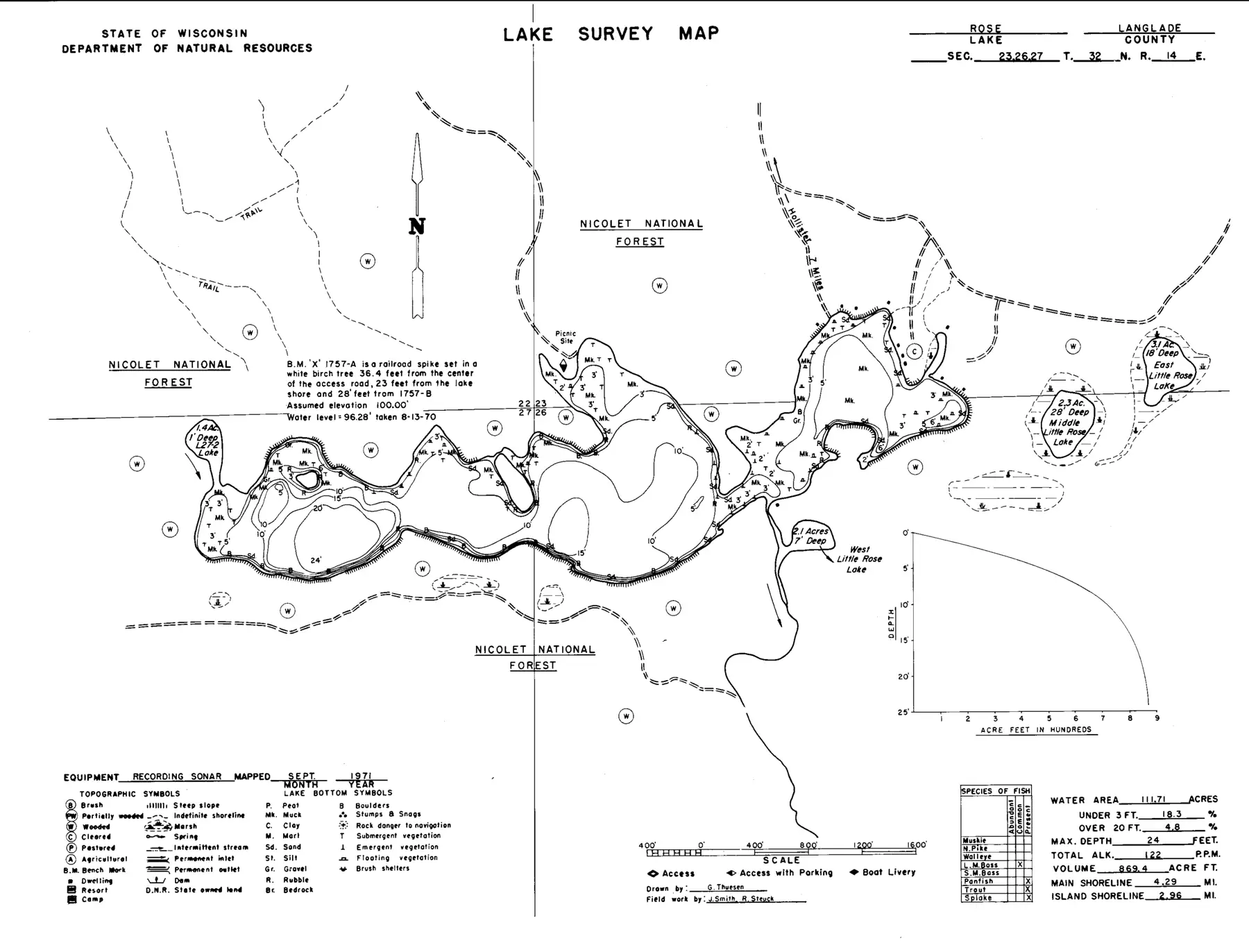 DNR survey map of Rose Lake, with depths in feet. Tap to zoom.