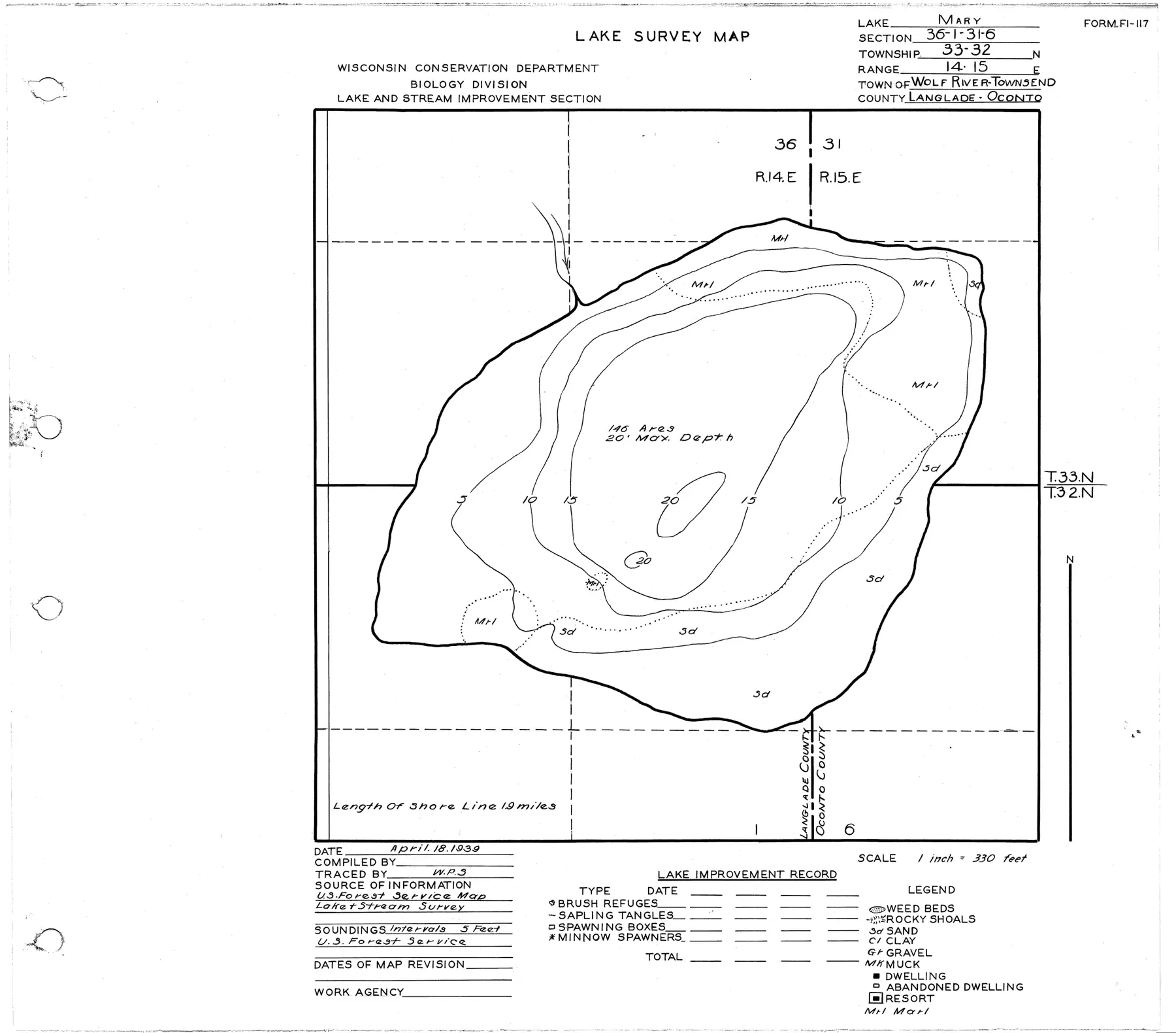 DNR survey map of Mary Lake, with depths in feet. Tap to zoom.