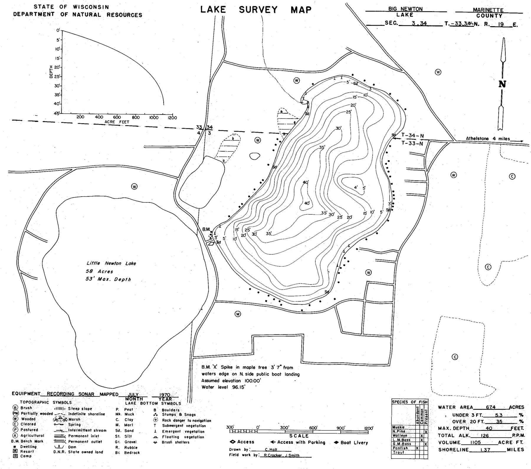 DNR survey map of Newton Lake, with depths in feet. Tap to zoom.