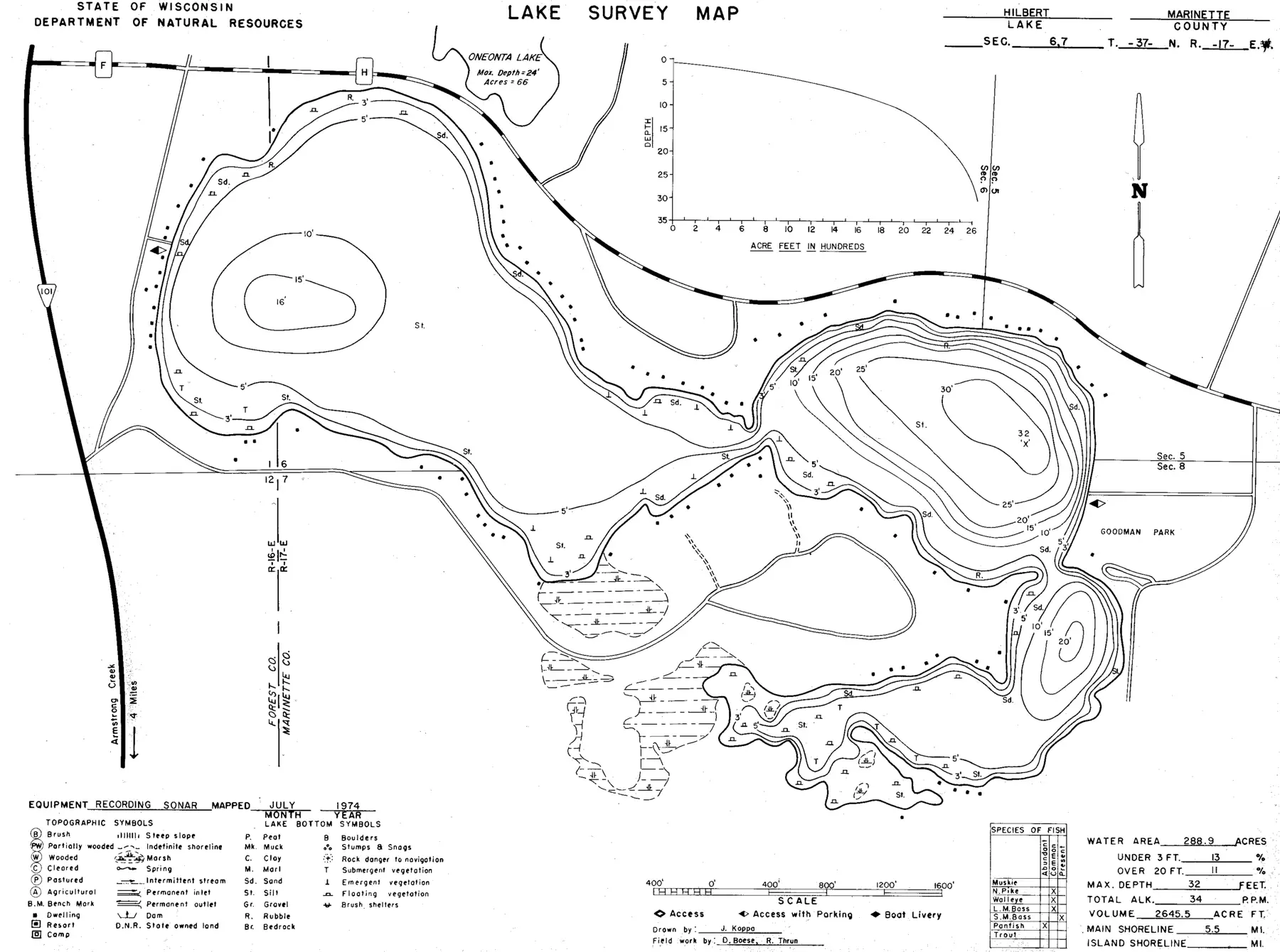 DNR survey map of Hilbert Lake, with depths in feet. Tap to zoom.