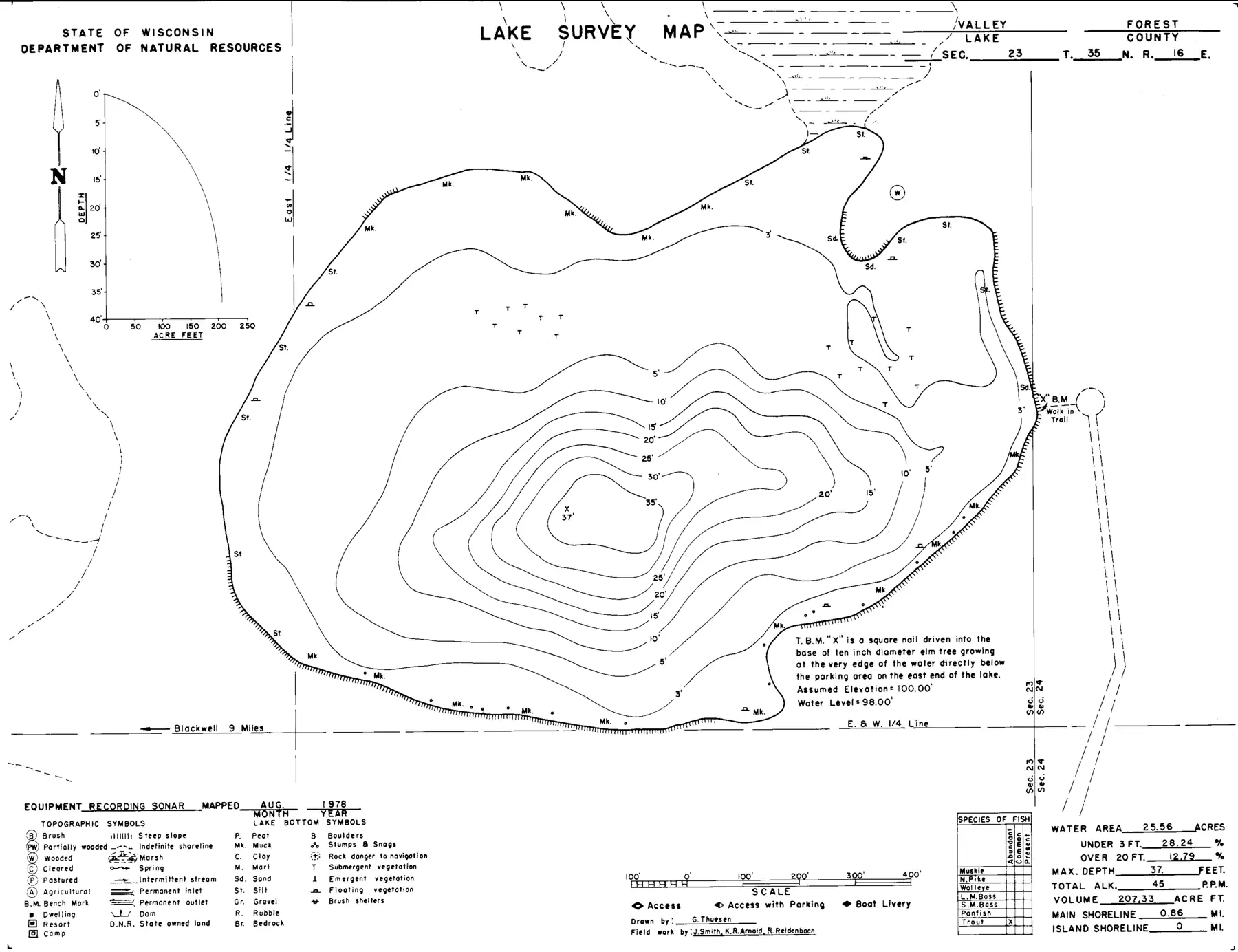 DNR survey map of Valley Lake, with depths in feet. Tap to zoom.