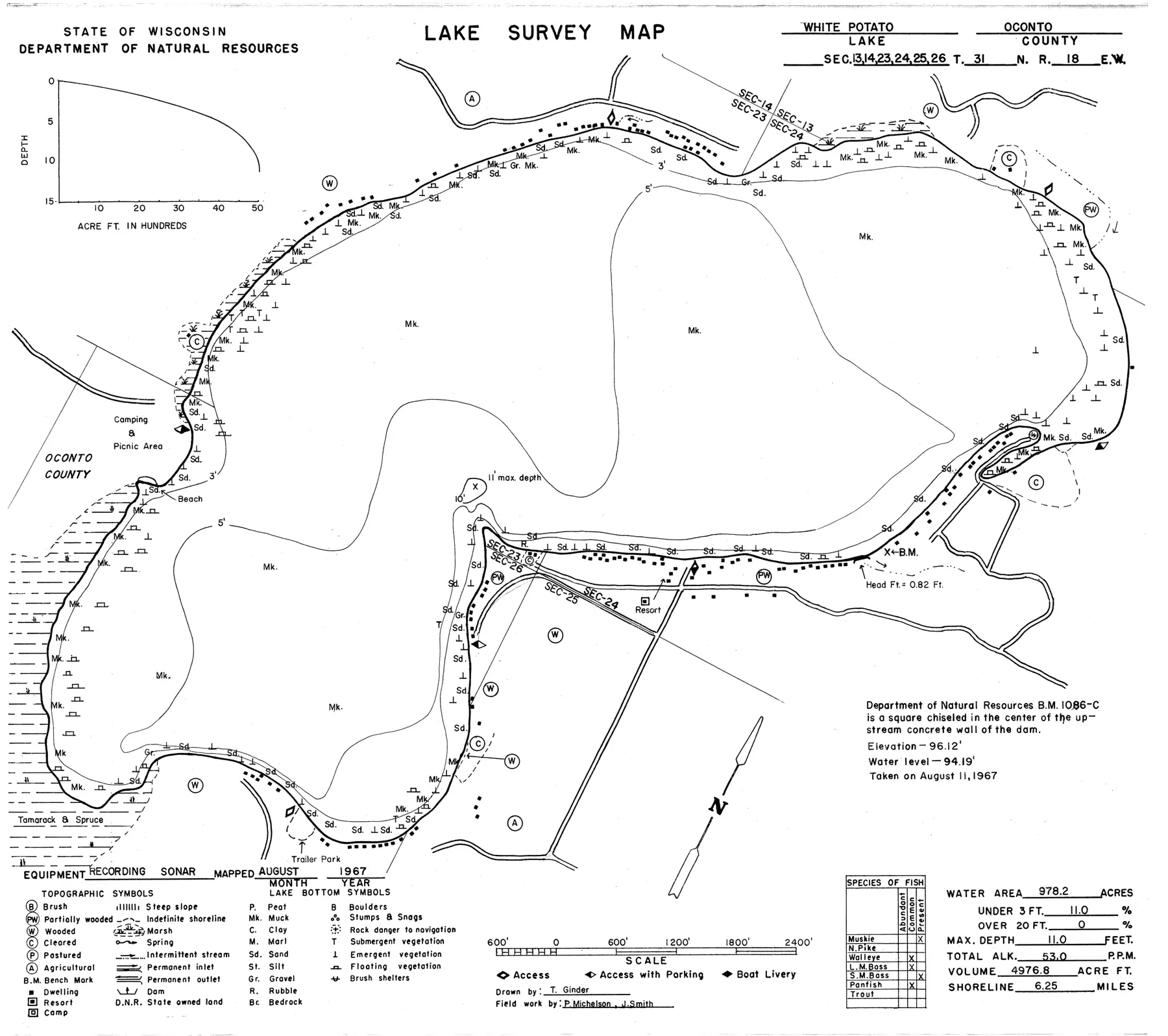 DNR survey map of White Potato Lake, with depths in feet. Tap to zoom.