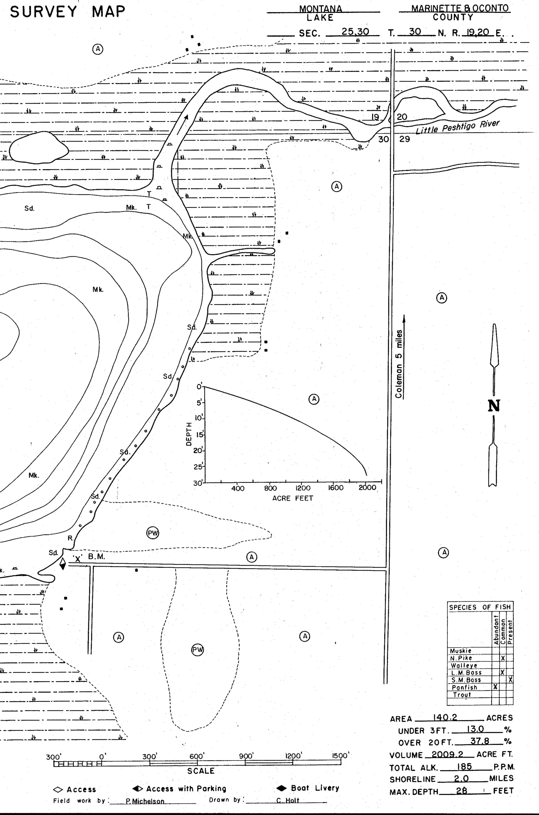 DNR survey map of Montana Lake, sheet 1 of 2, with depths in feet. Tap to zoom.