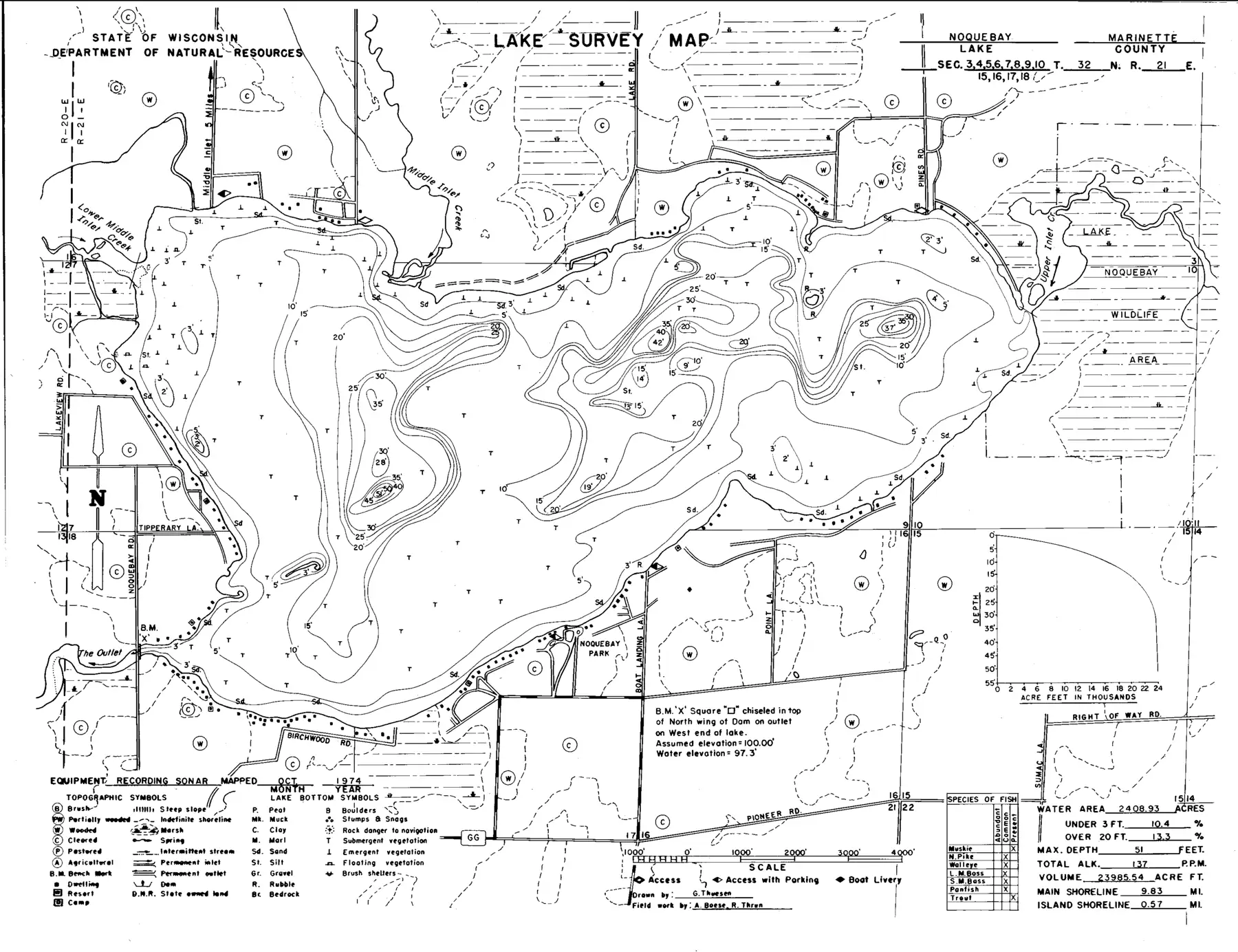 DNR survey map of Lake Noquebay, with depths in feet. Tap to zoom.