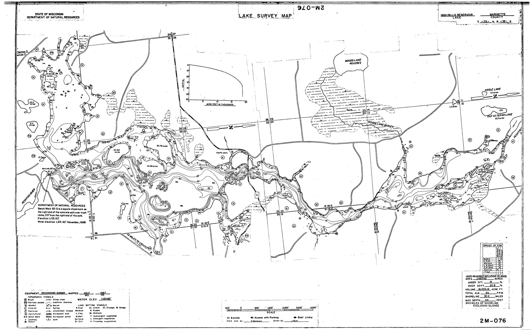 DNR survey map of High Falls Reservoir, with depths in feet. Tap to zoom.