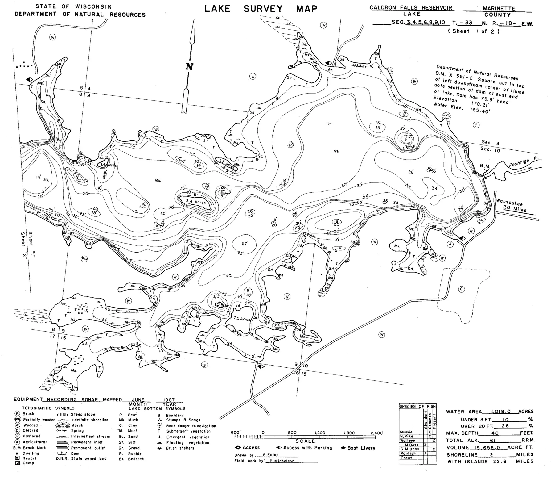 DNR survey map of Caldron Falls Reservoir*, sheet 1 of 2, with depths in feet. Tap to zoom.