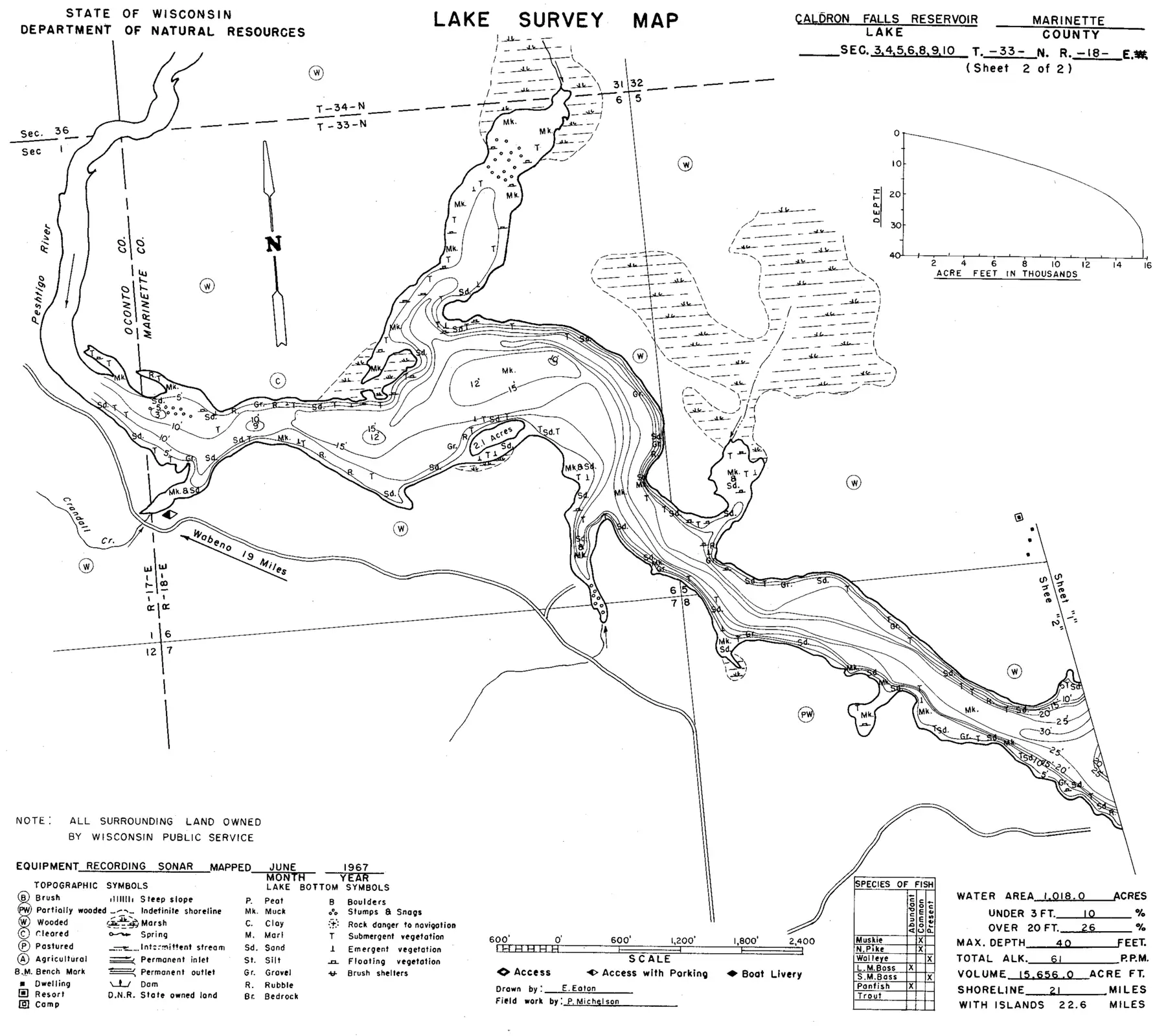 DNR survey map of Caldron Falls Reservoir*, sheet 2 of 2, with depths in feet. Tap to zoom.