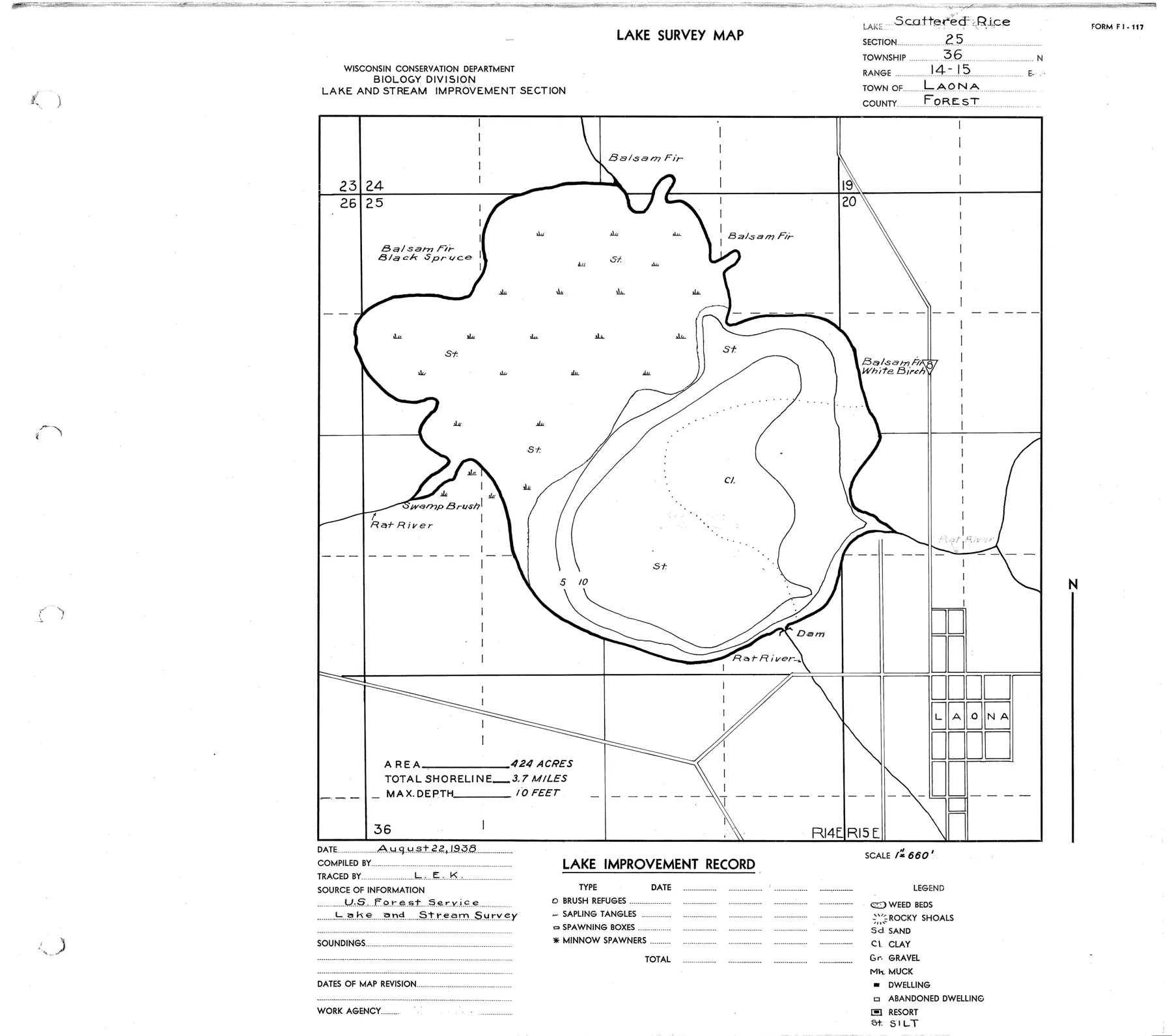 DNR survey map of Scattered Rice Lake, with depths in feet. Tap to zoom.