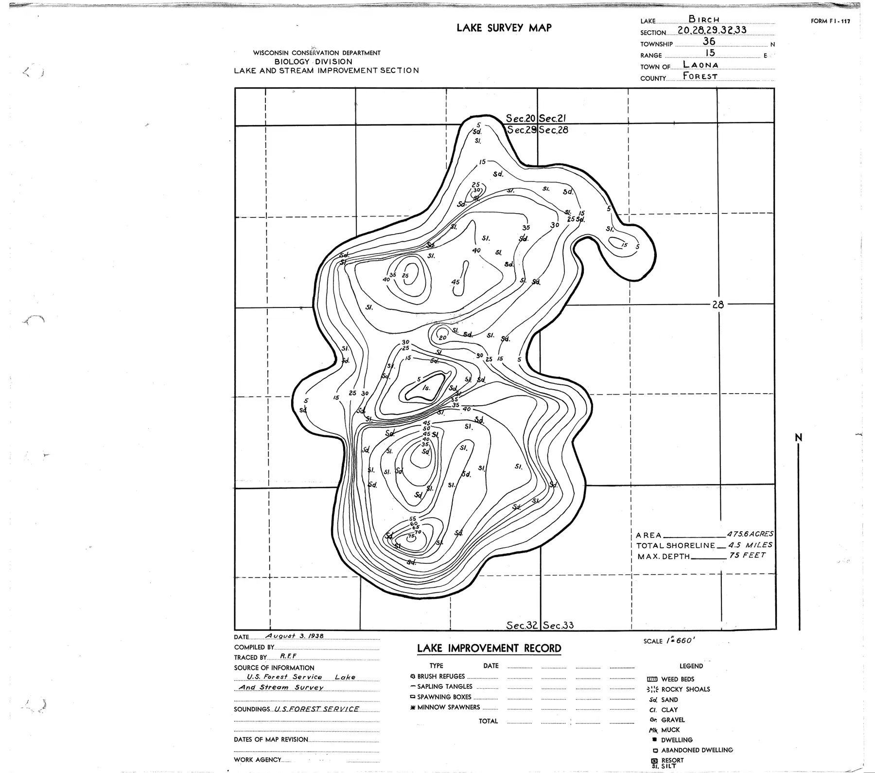 DNR survey map of Birch Lake, with depths in feet. Tap to zoom.