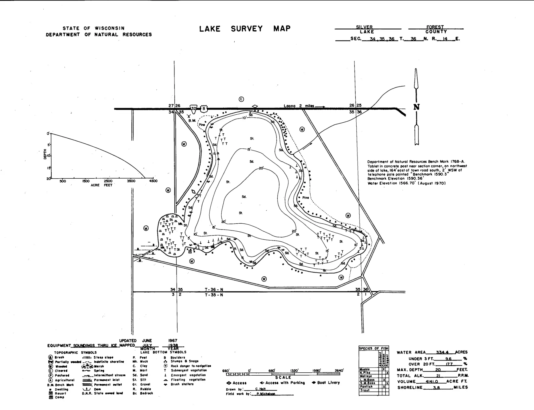 DNR survey map of Silver Lake, with depths in feet. Tap to zoom.