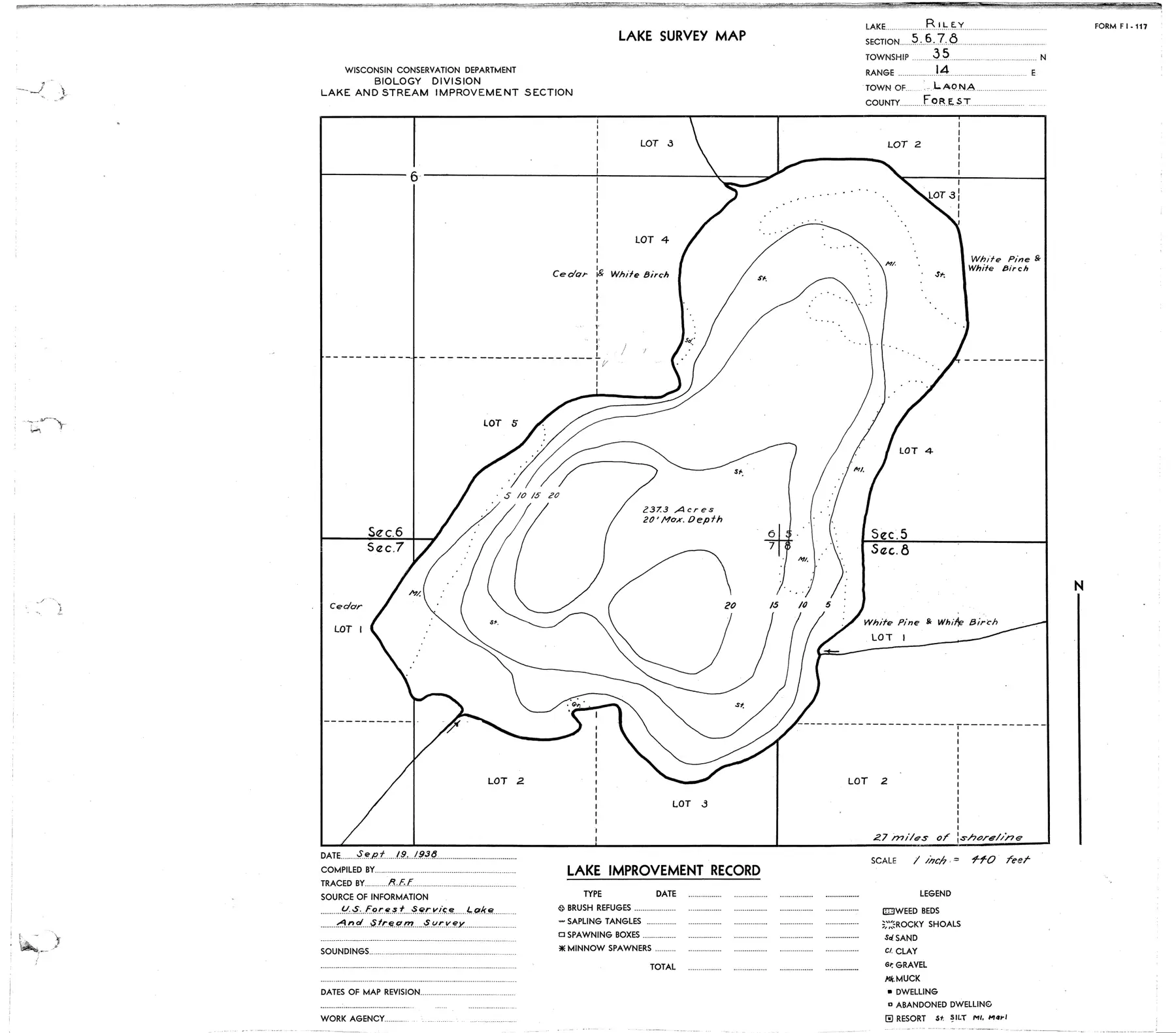DNR survey map of Riley Lake, with depths in feet. Tap to zoom.