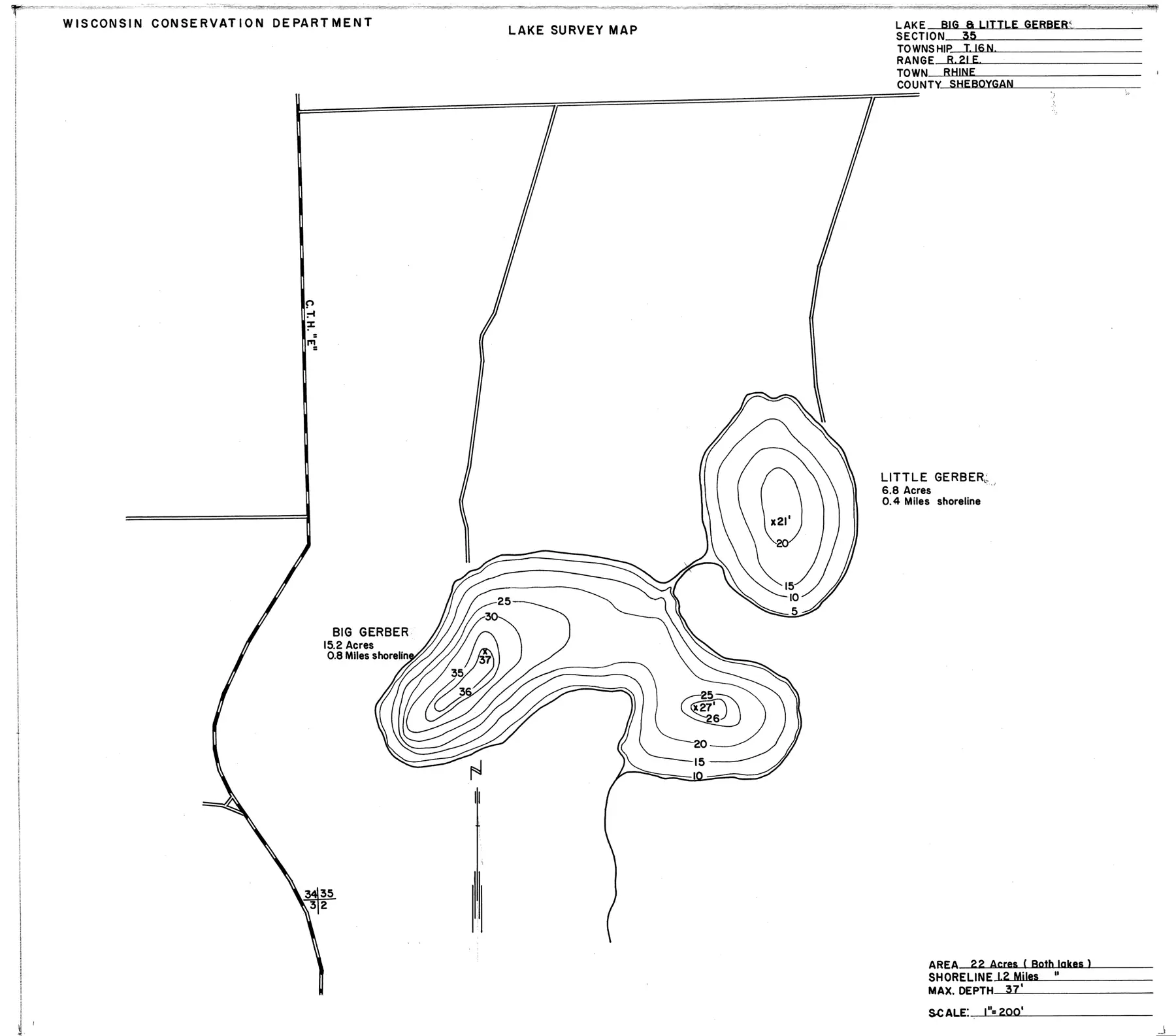DNR survey map of Gerber Lake, with depths in feet. Tap to zoom.