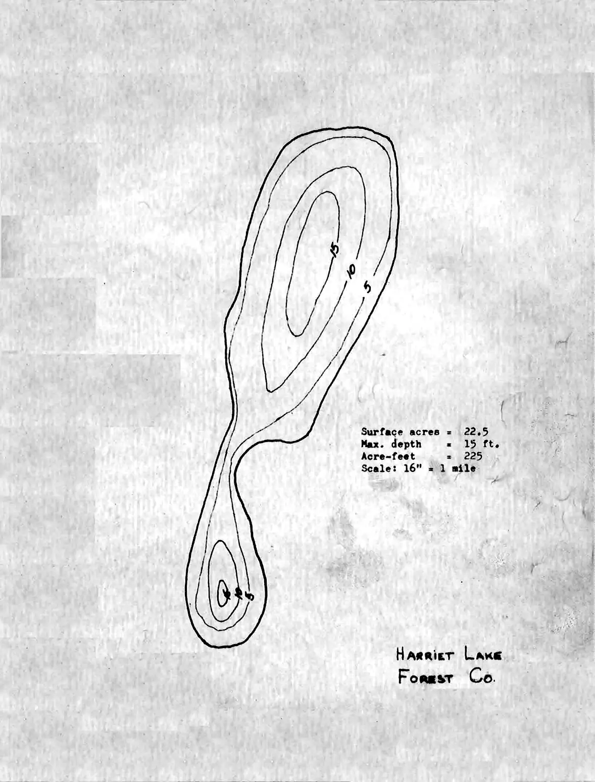DNR survey map of Harriet Lake, with depths in feet. Tap to zoom.
