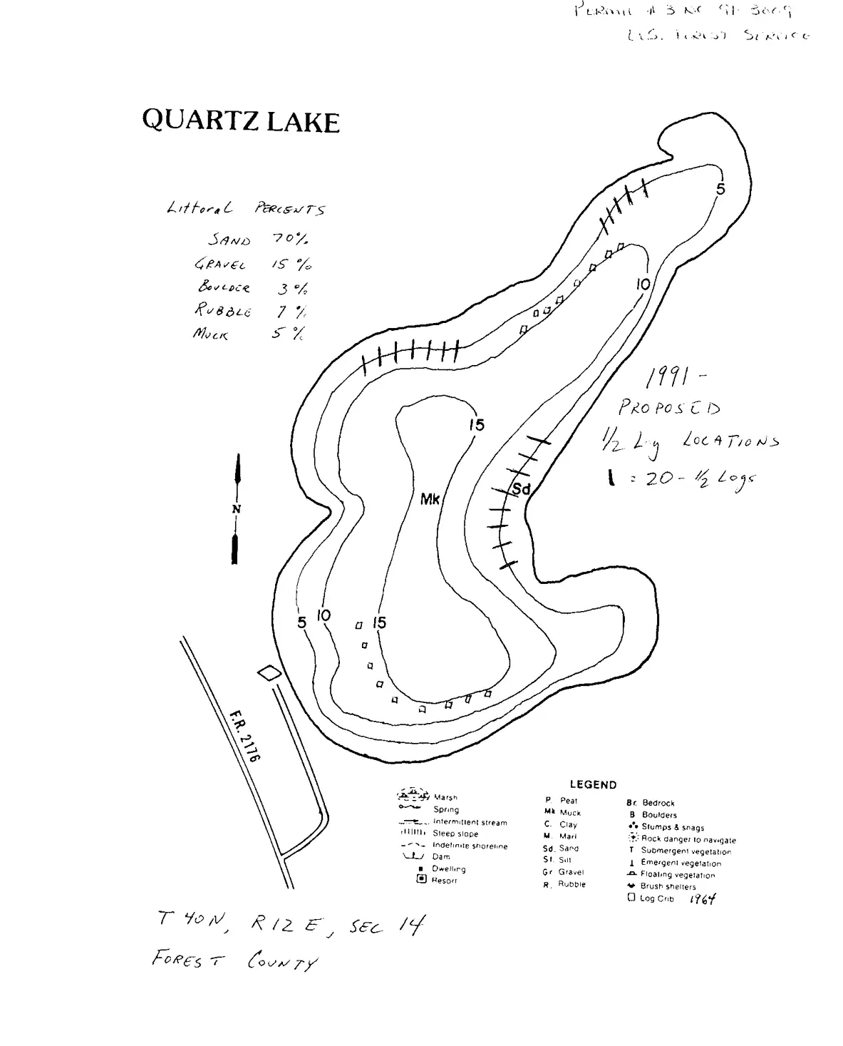 DNR survey map of Quartz Lake, with depths in feet. Tap to zoom.
