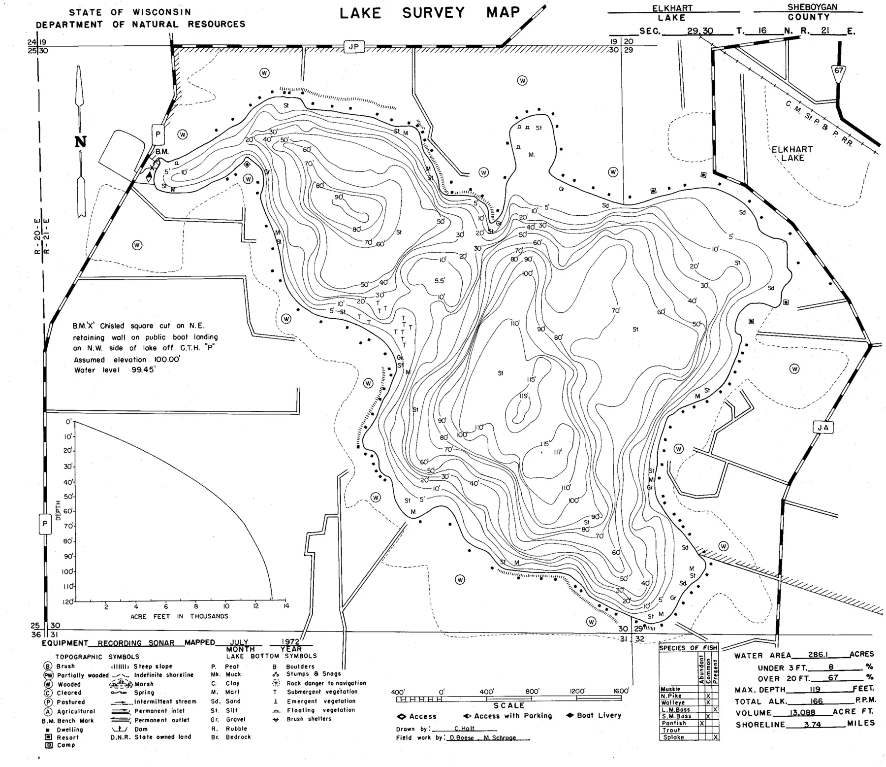 DNR survey map of Elkhart Lake, with depths in feet. Tap to zoom.