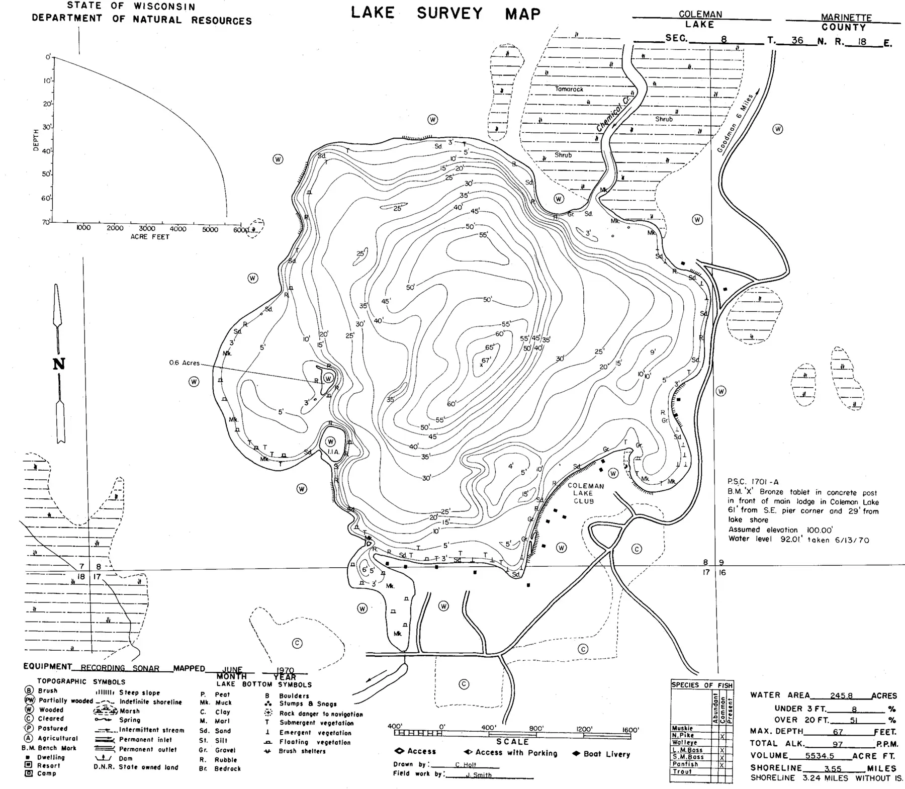 DNR survey map of Coleman Lake, with depths in feet. Tap to zoom.