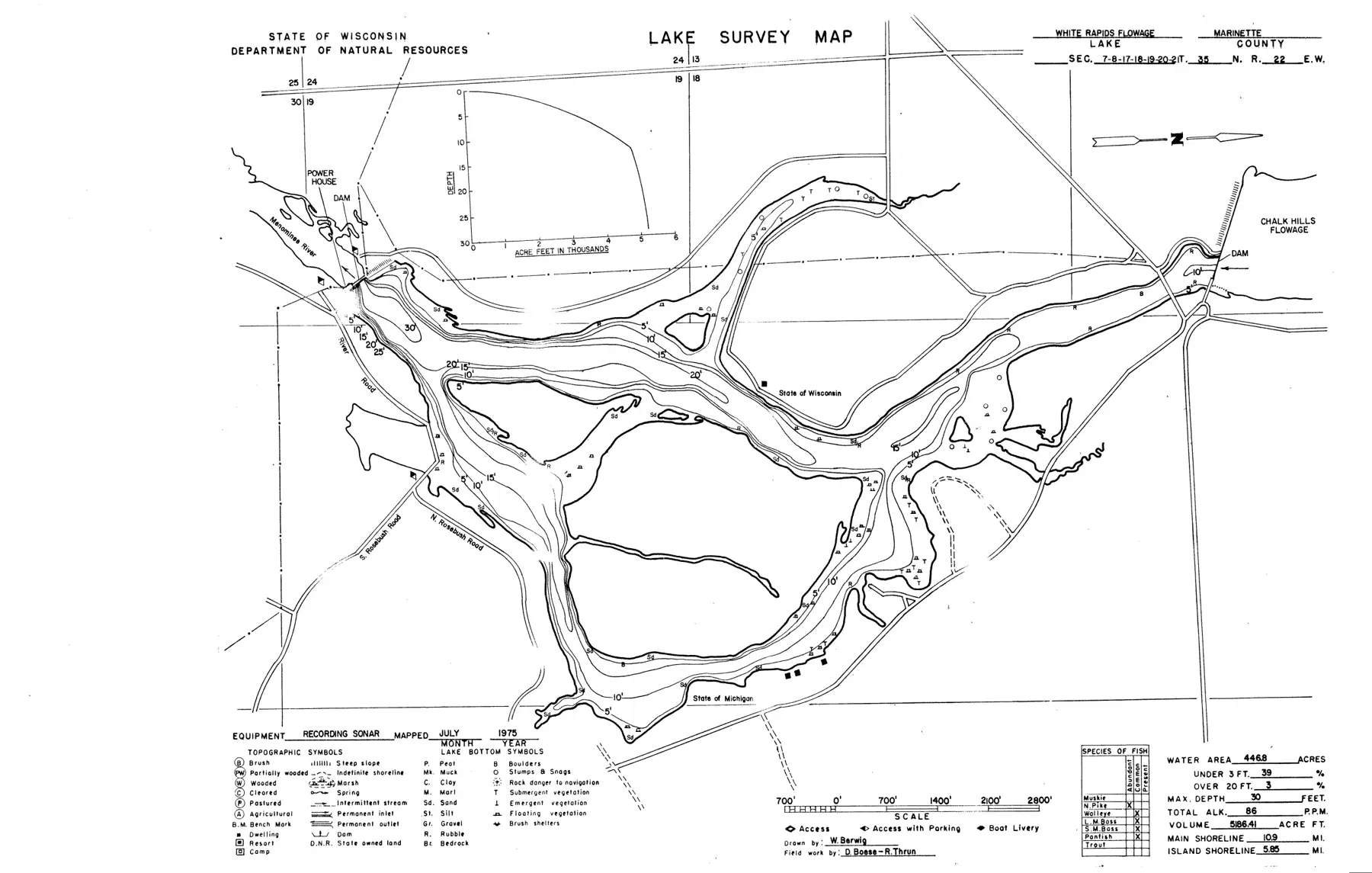 DNR survey map of White Rapids Flowage, with depths in feet. Tap to zoom.