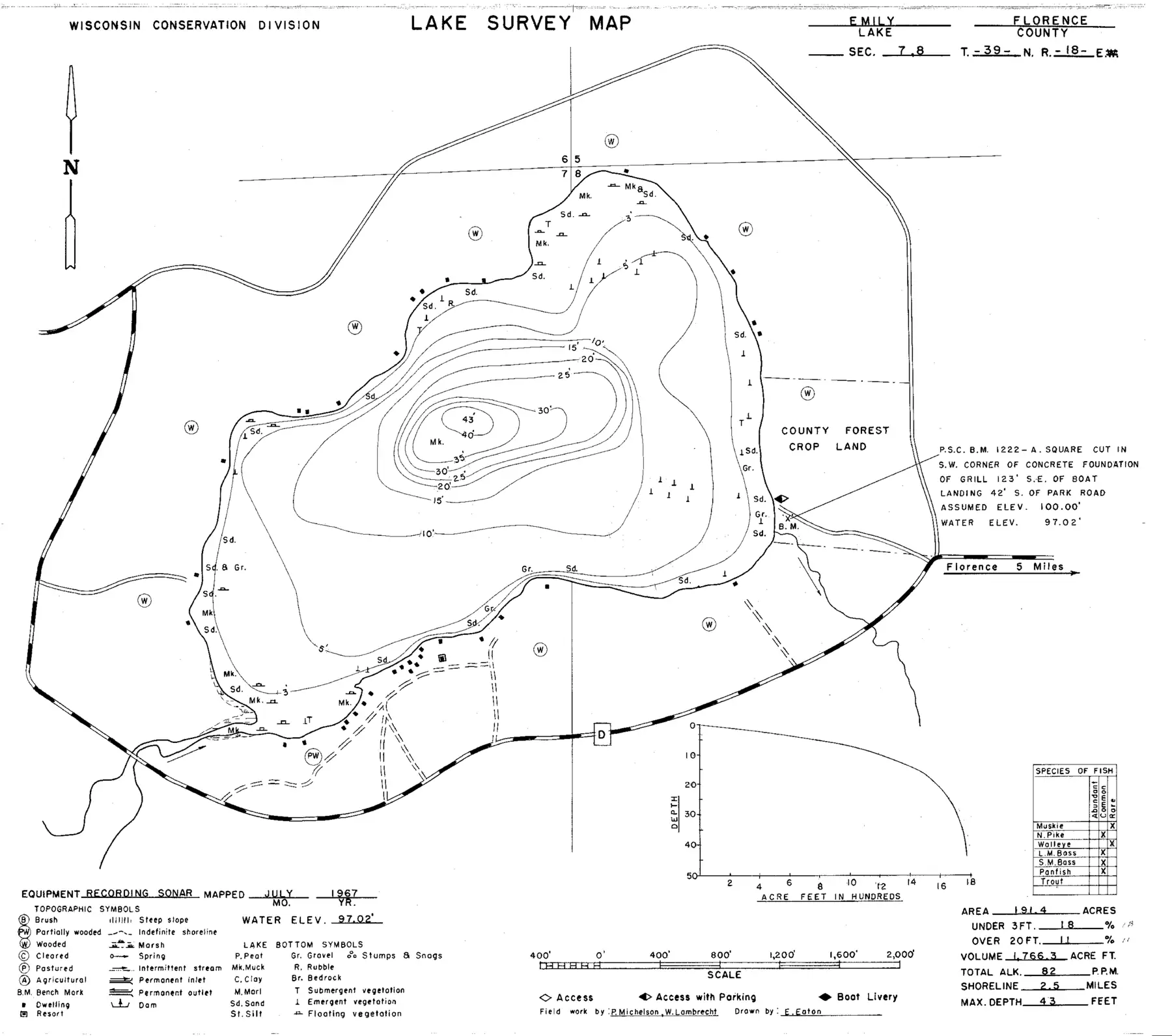 DNR survey map of Emily Lake, with depths in feet. Tap to zoom.