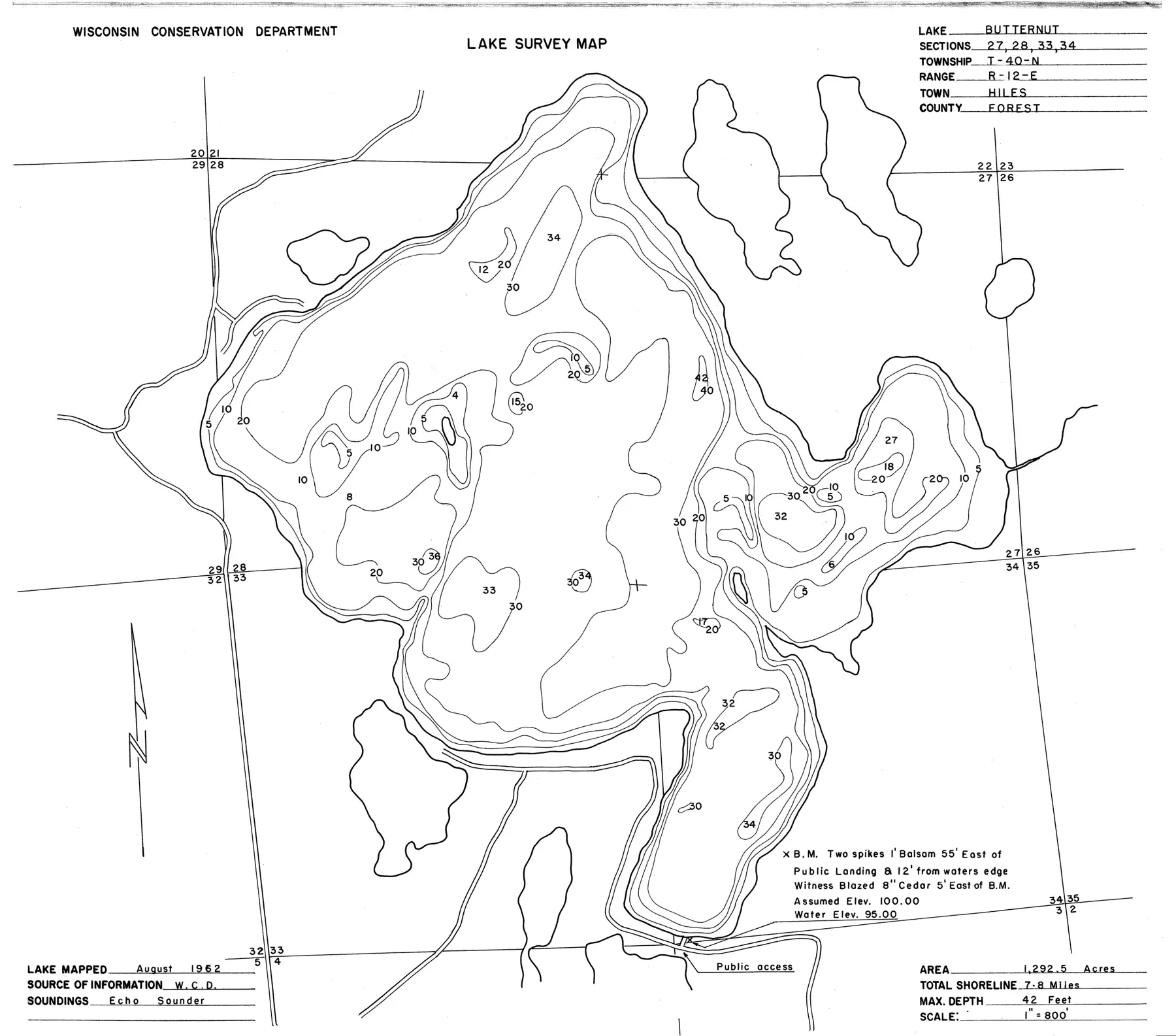 DNR survey map of Butternut Lake, with depths in feet. Tap to zoom.