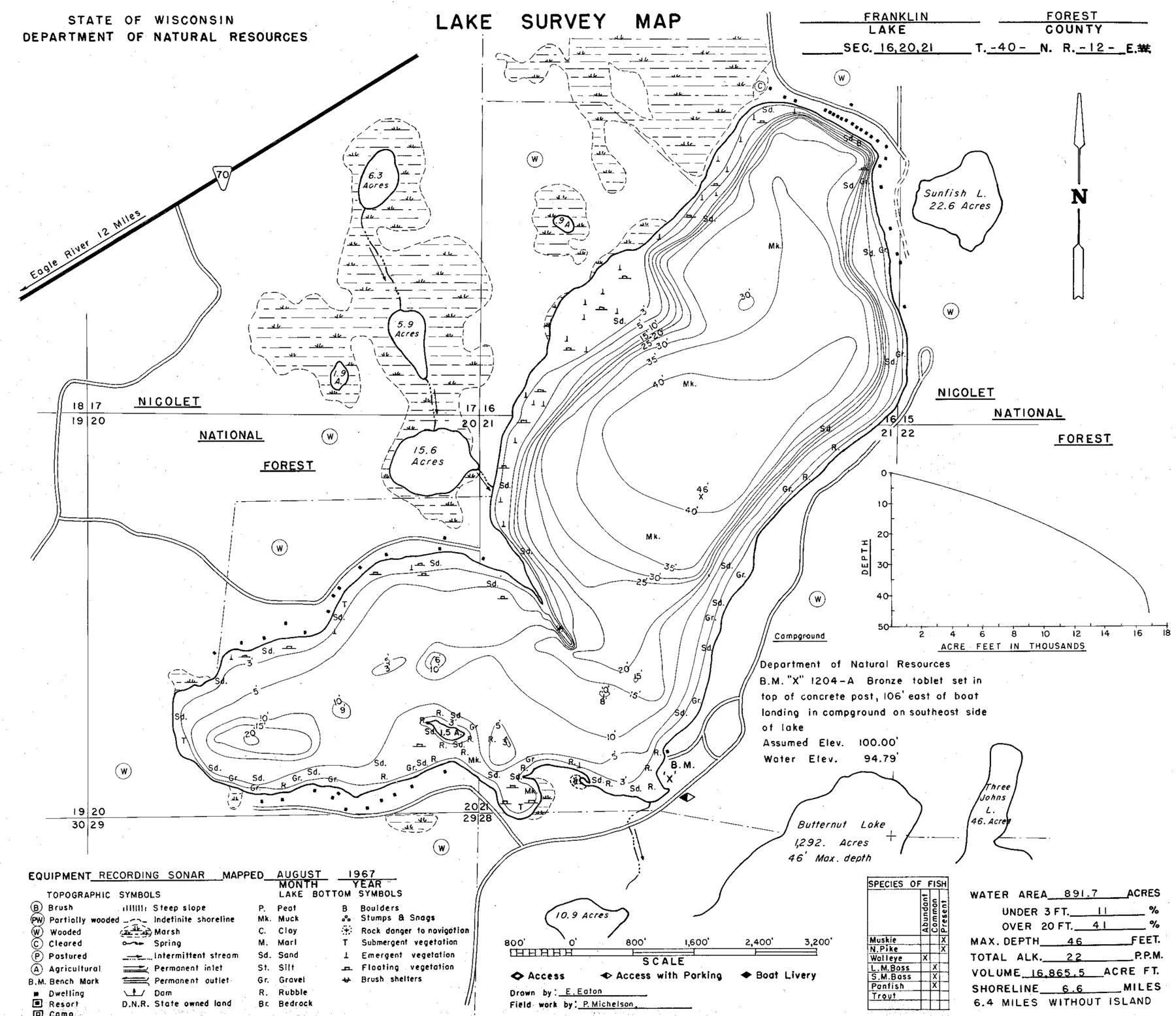 DNR survey map of Franklin Lake, with depths in feet. Tap to zoom.