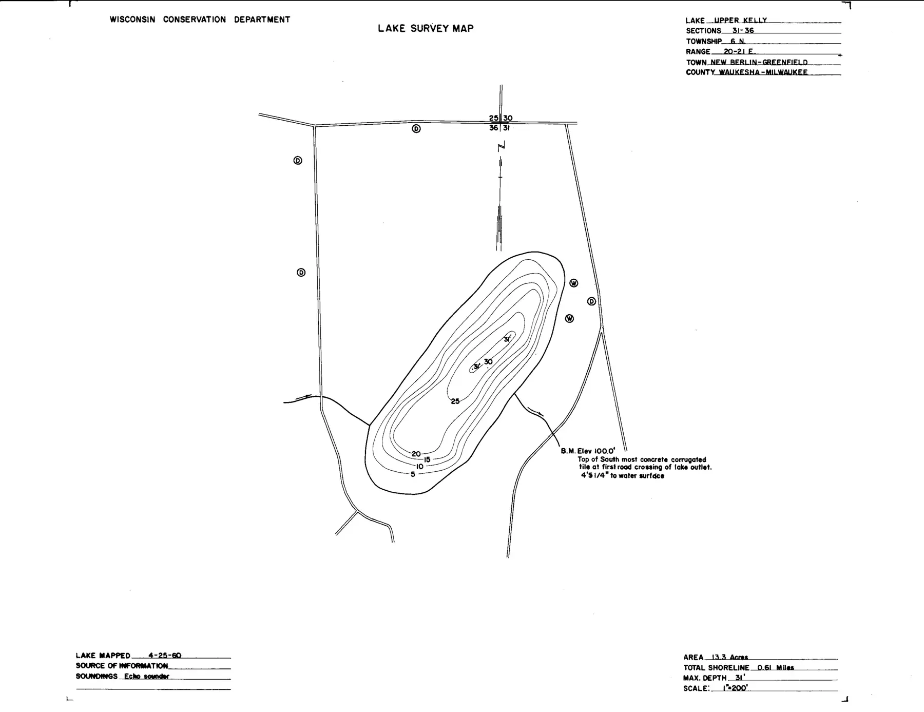 DNR survey map of Upper Kelly Lake, with depths in feet. Tap to zoom.