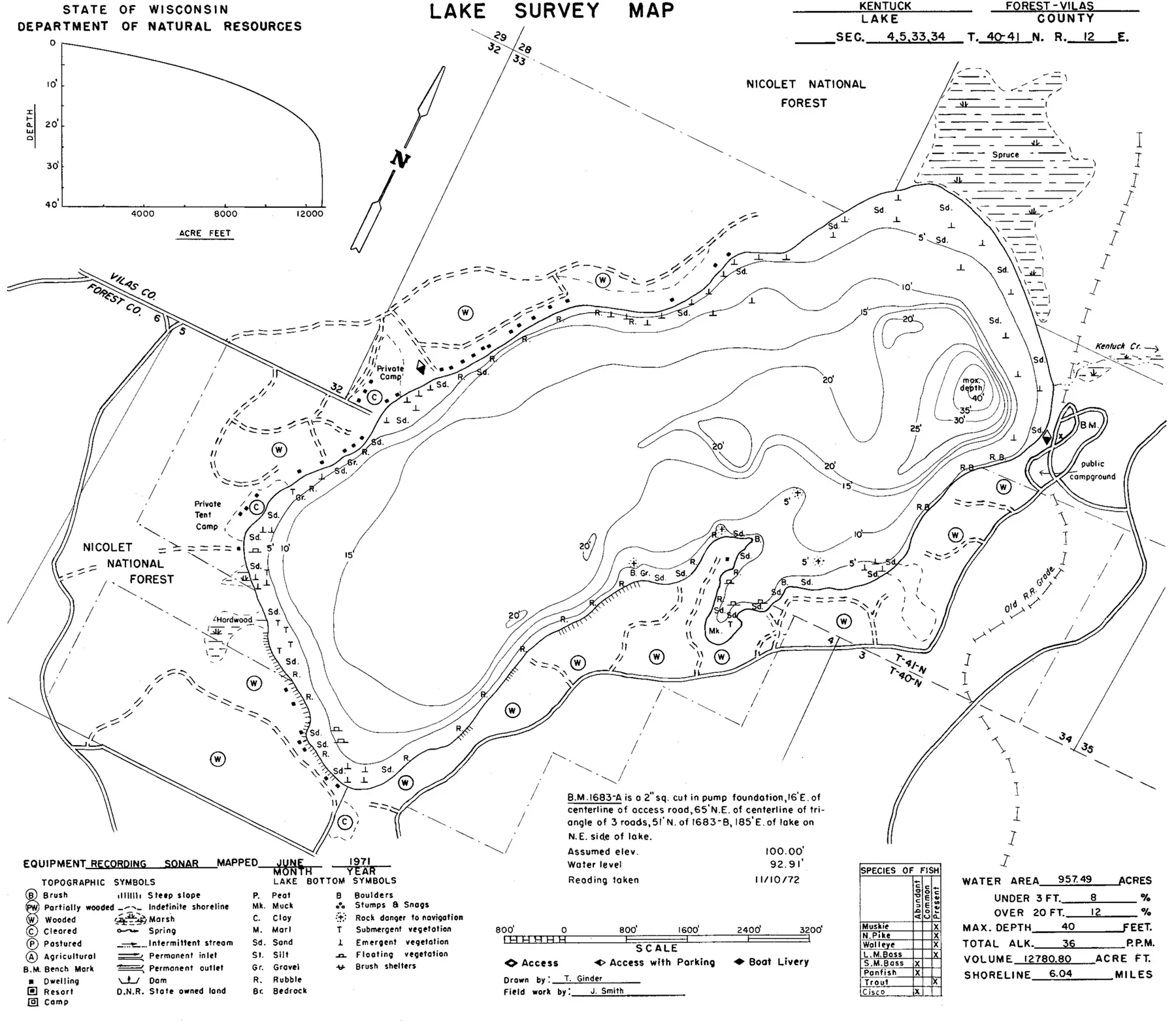 DNR survey map of Kentuck Lake, with depths in feet. Tap to zoom.
