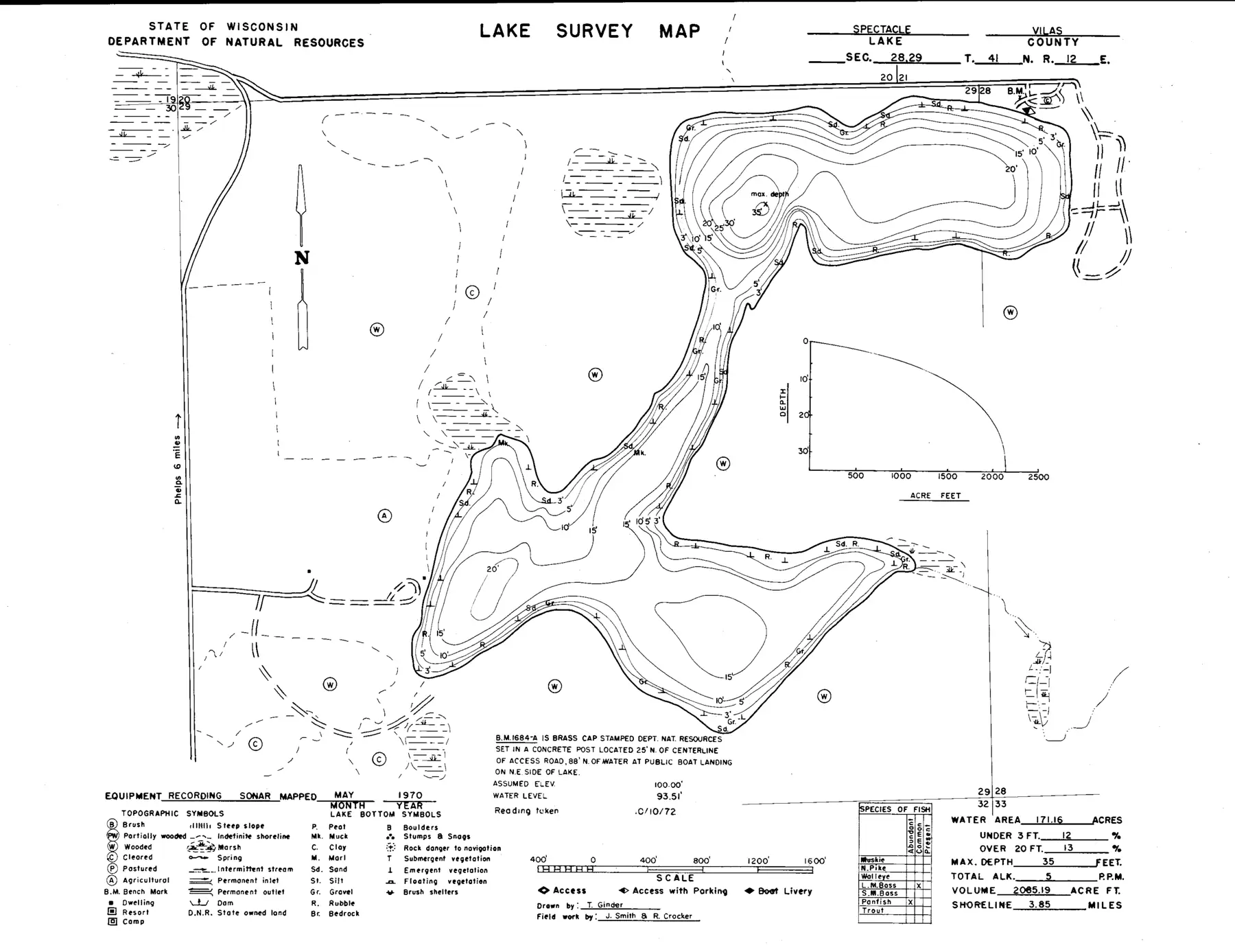 DNR survey map of Spectacle Lake, with depths in feet. Tap to zoom.