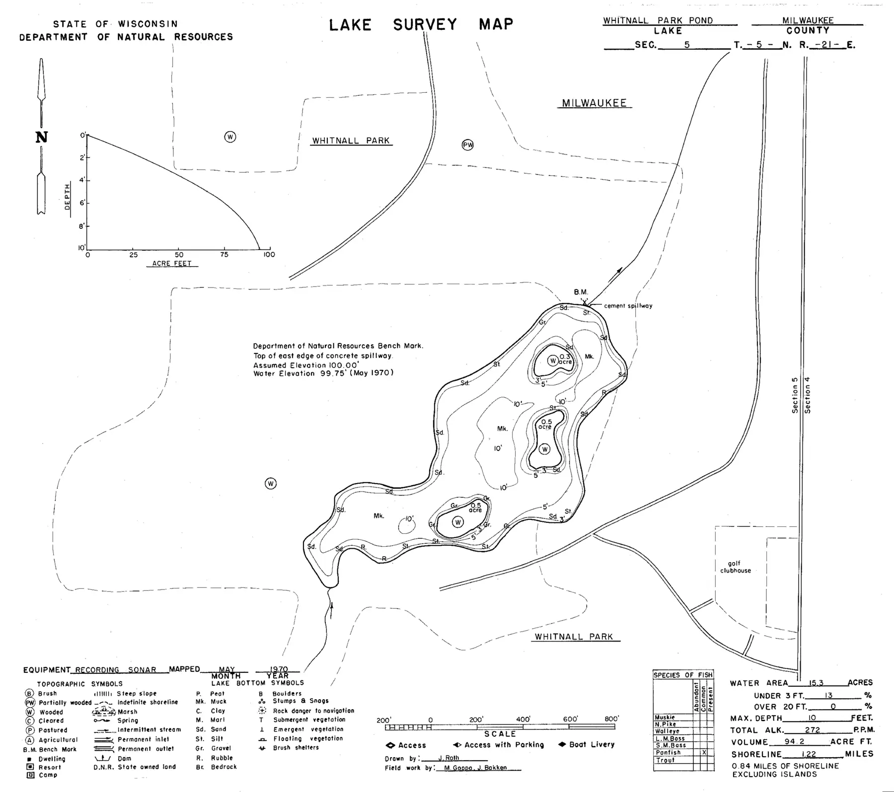 DNR survey map of Whitnall Park Pond, with depths in feet. Tap to zoom.