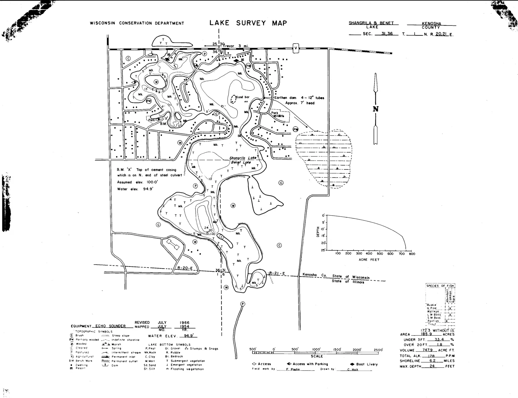 DNR survey map of Lake Shangrila, with depths in feet. Tap to zoom.