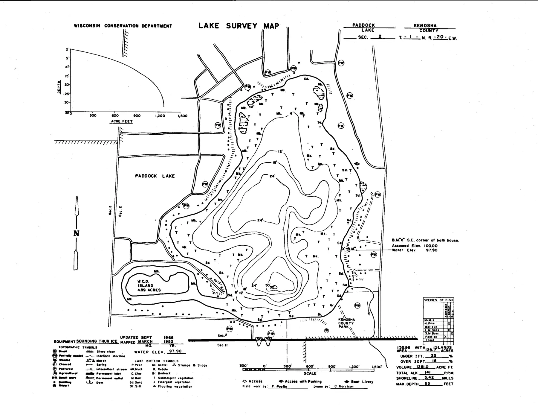 DNR survey map of Paddock Lake, with depths in feet. Tap to zoom.