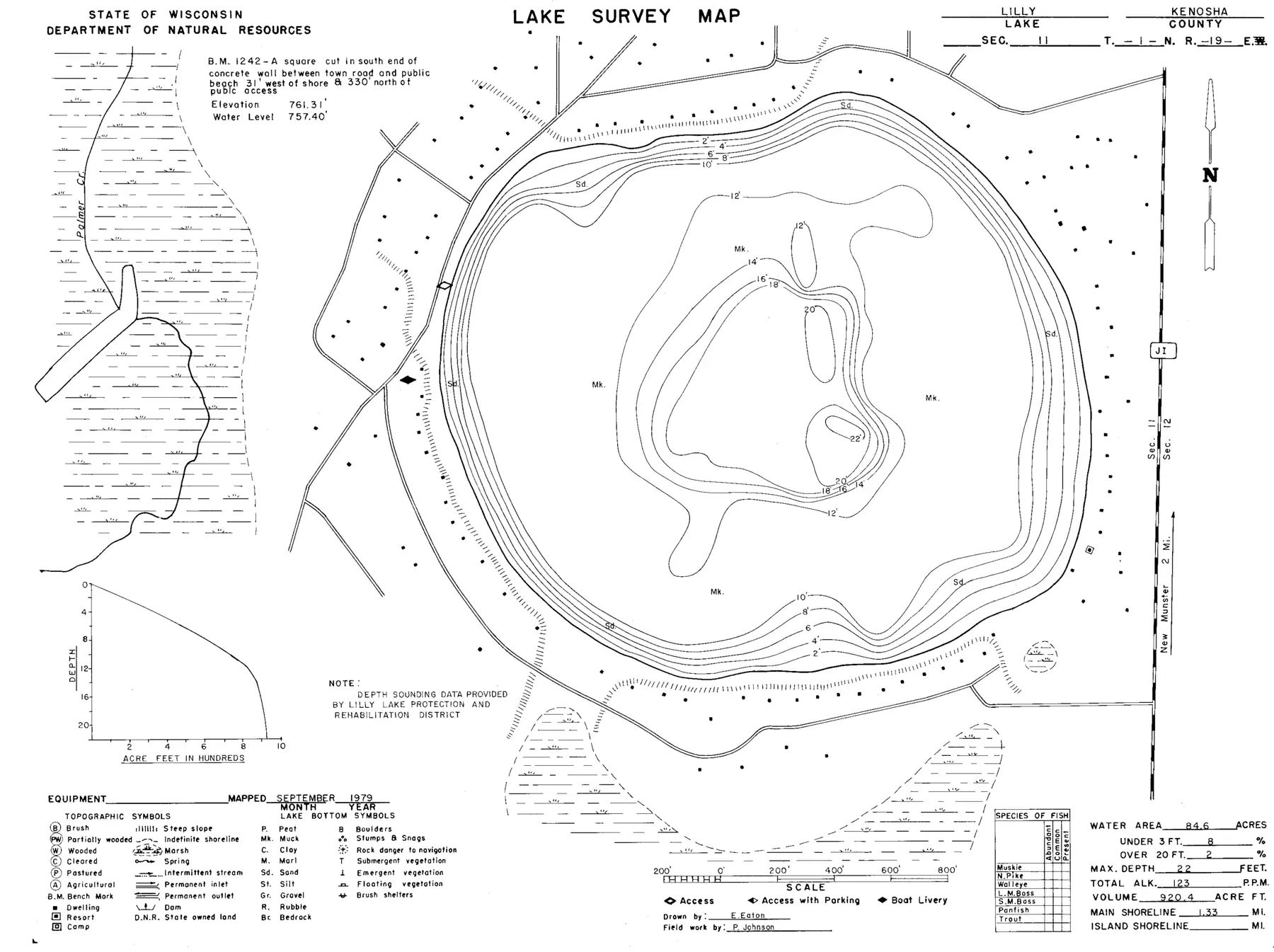 DNR survey map of Lilly Lake, with depths in feet. Tap to zoom.