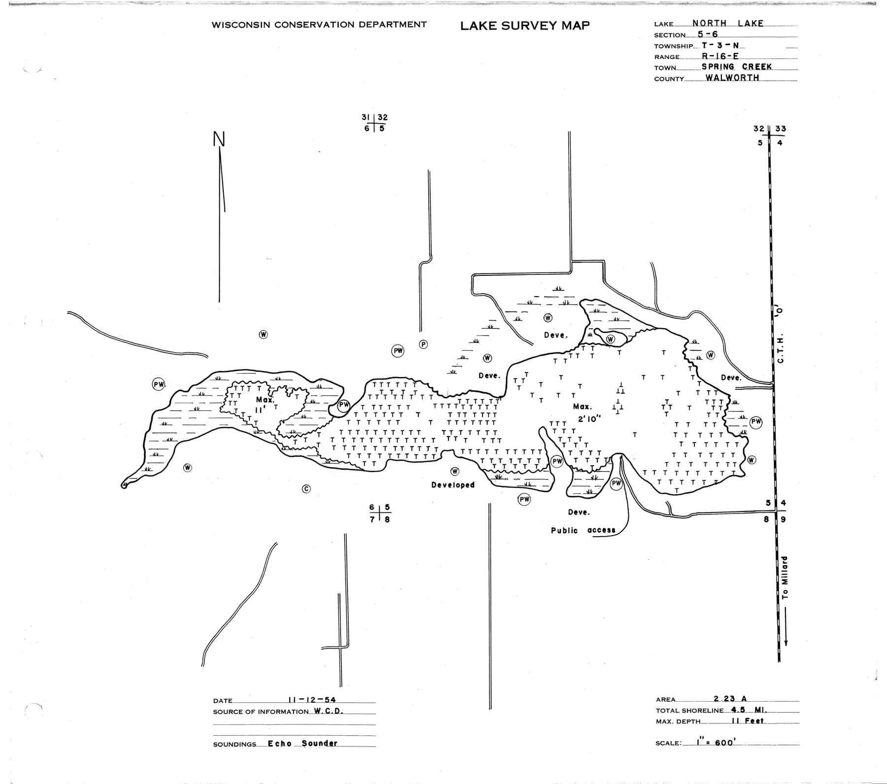 DNR survey map of North Lake, with depths in feet. Tap to zoom.