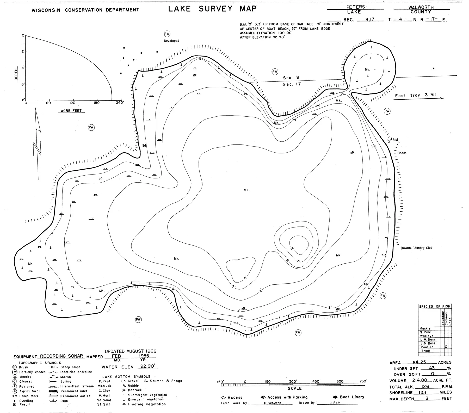 DNR survey map of Peters Lake, with depths in feet. Tap to zoom.