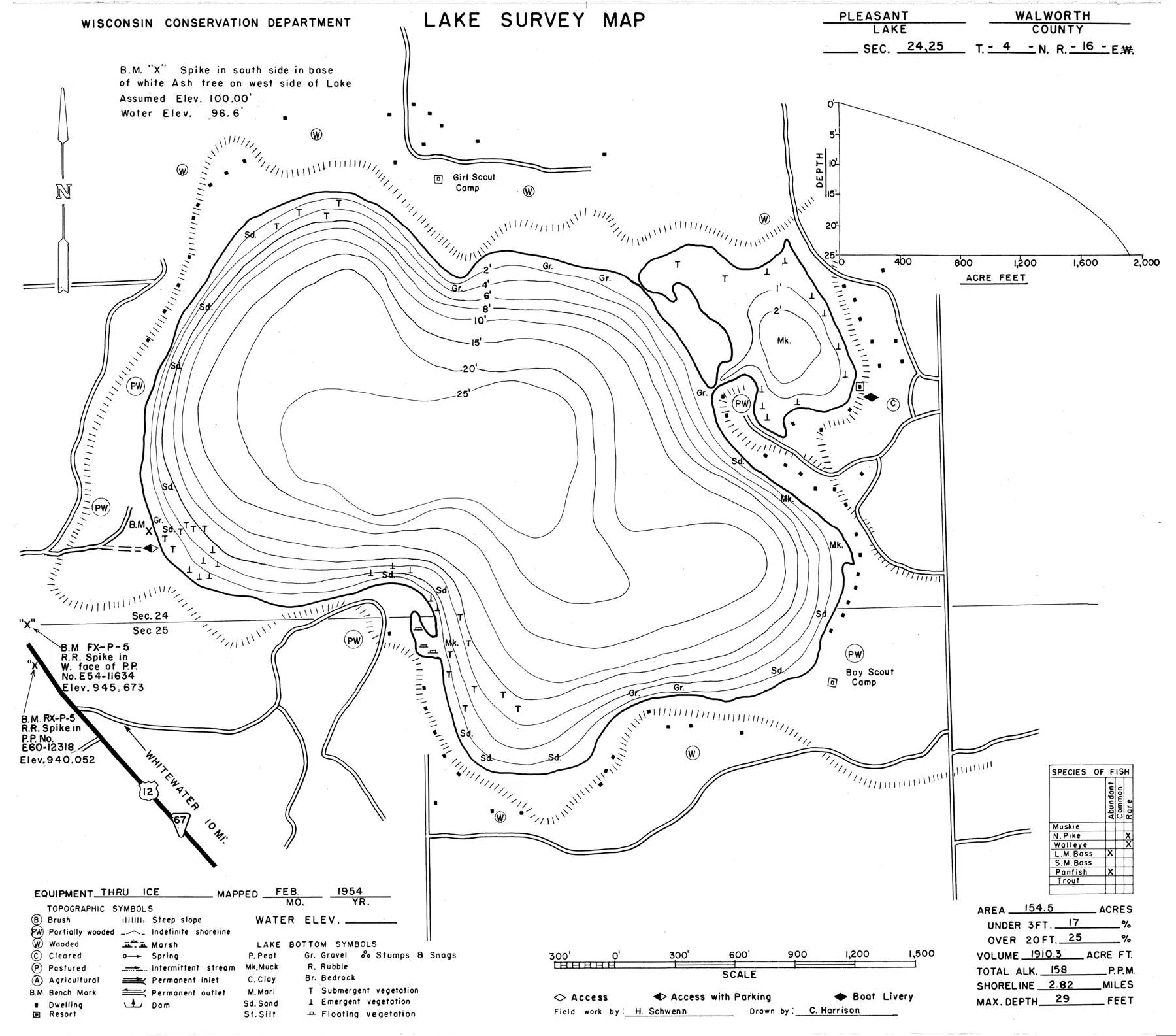 DNR survey map of Pleasant Lake, with depths in feet. Tap to zoom.