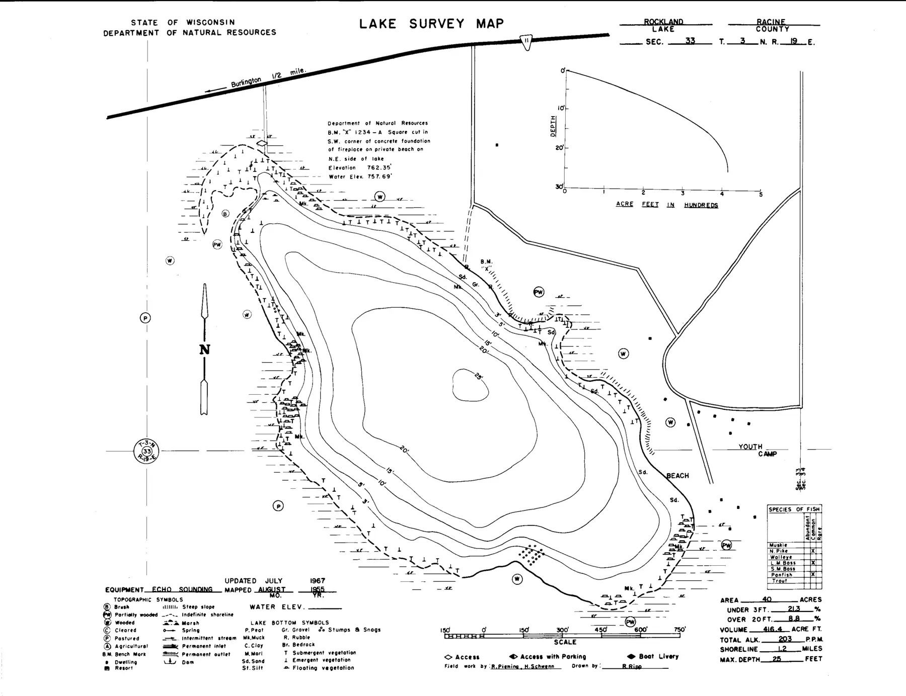 DNR survey map of Rockland Lake, with depths in feet. Tap to zoom.