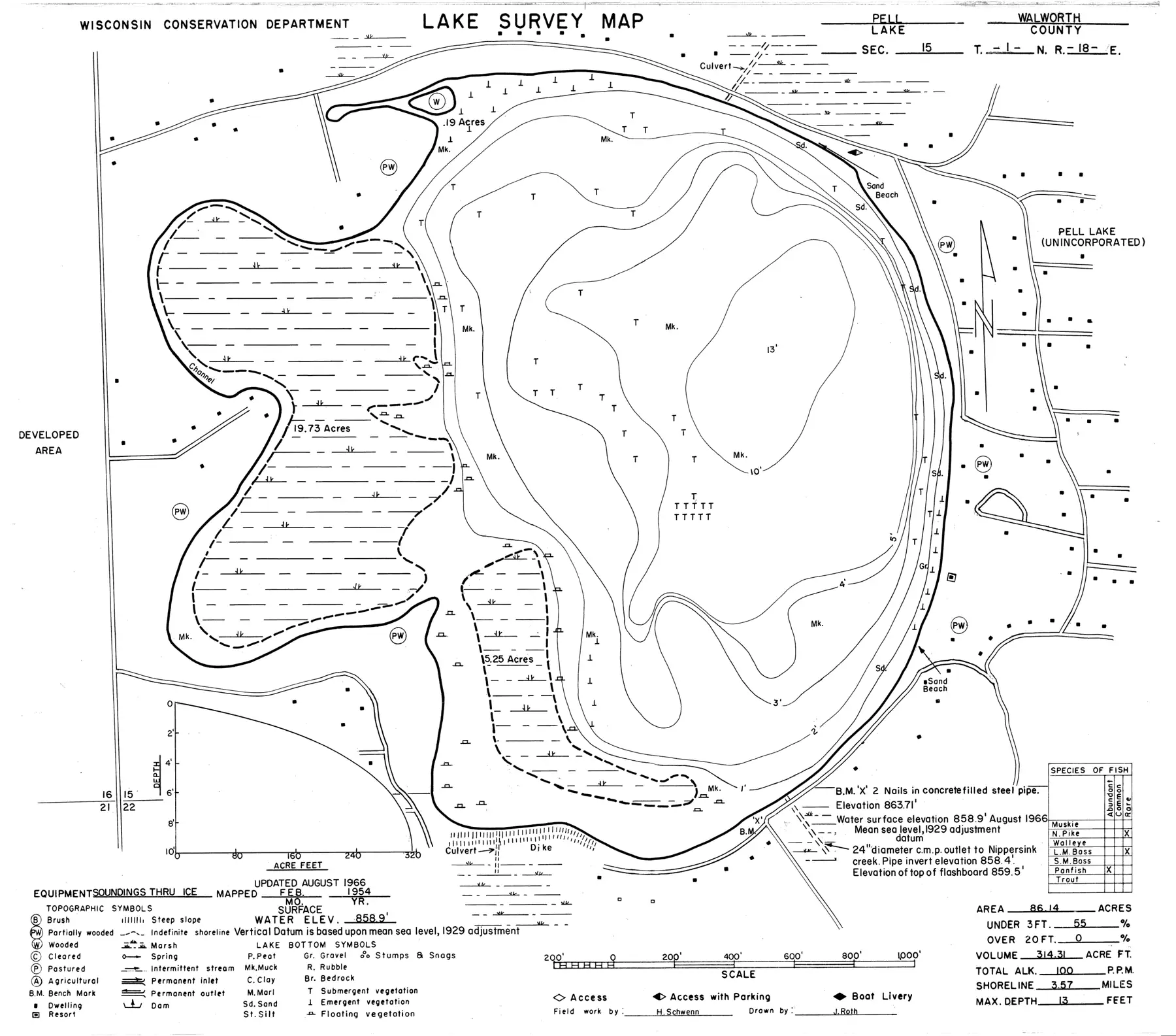 DNR survey map of Pell Lake, with depths in feet. Tap to zoom.