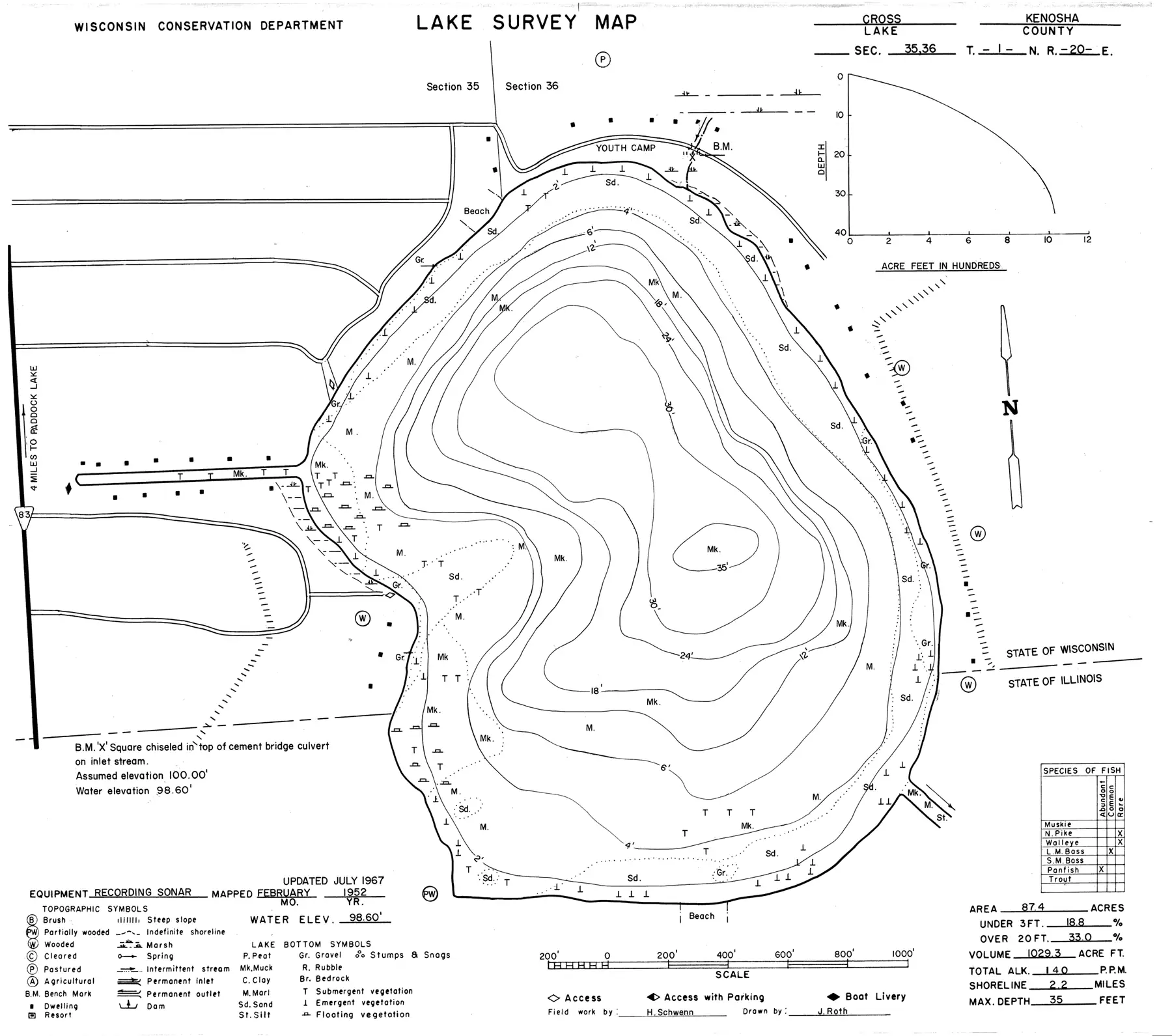 DNR survey map of Cross Lake, with depths in feet. Tap to zoom.
