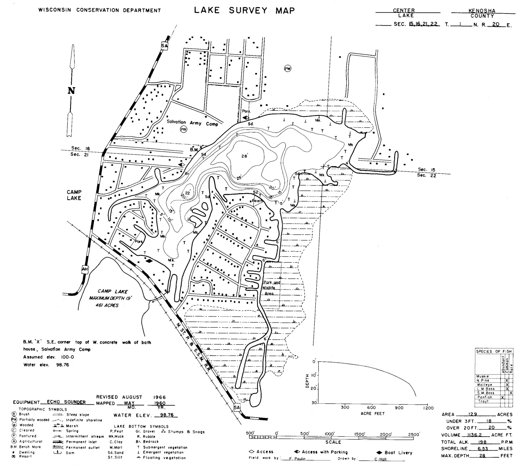 DNR survey map of Center Lake, with depths in feet. Tap to zoom.