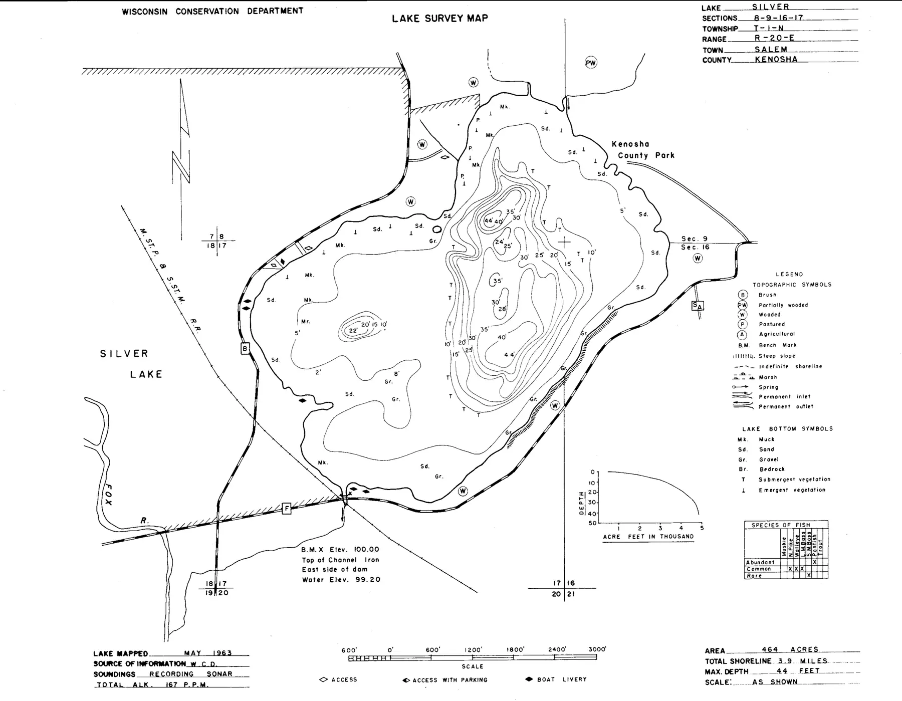 DNR survey map of Silver Lake, with depths in feet. Tap to zoom.