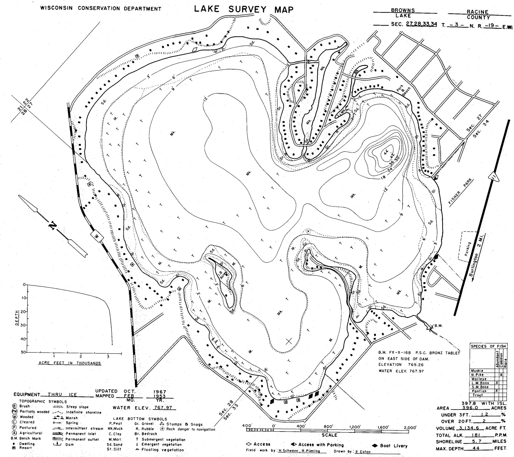 DNR survey map of Browns Lake, with depths in feet. Tap to zoom.