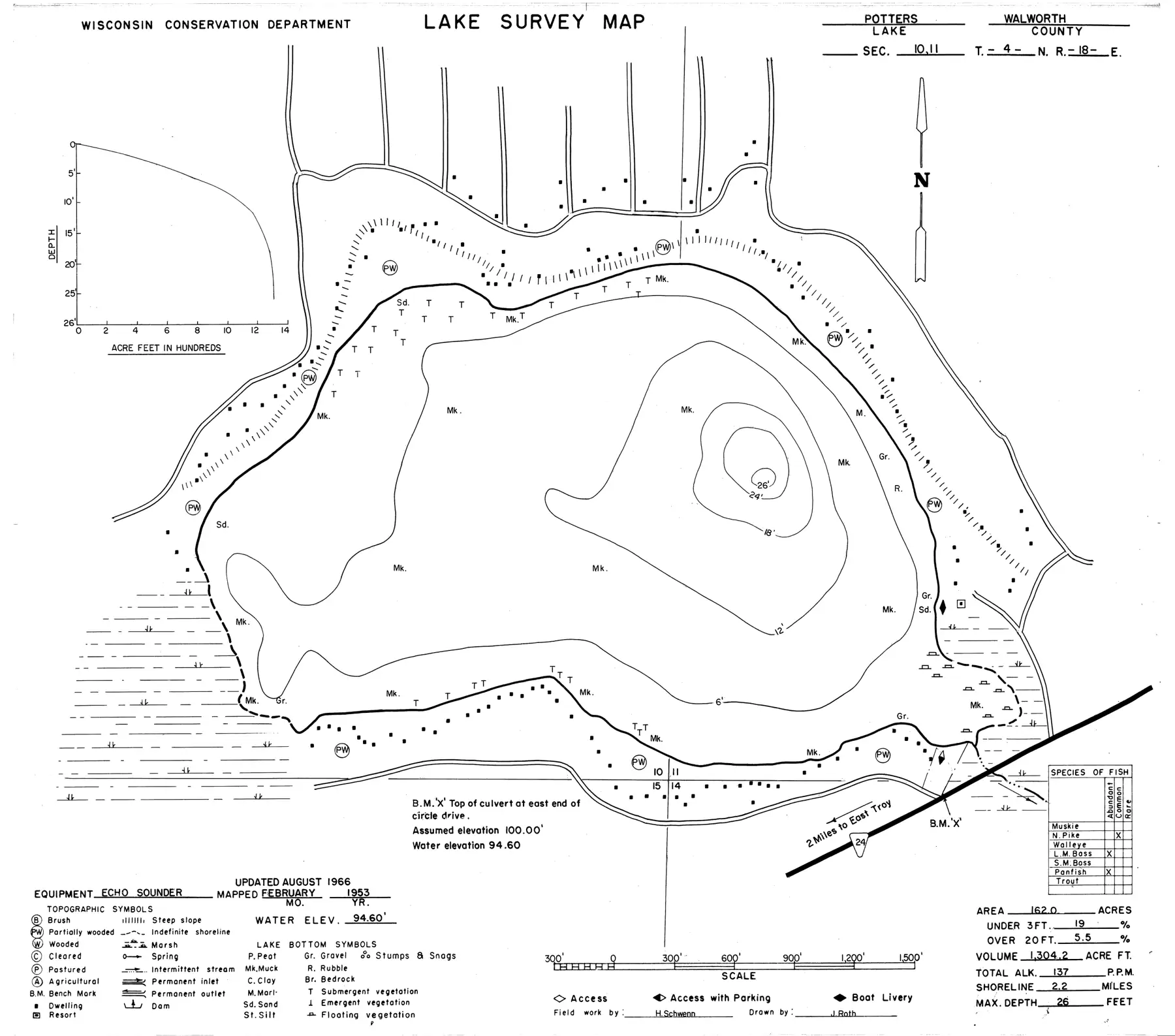 DNR survey map of Potter Lake, with depths in feet. Tap to zoom.