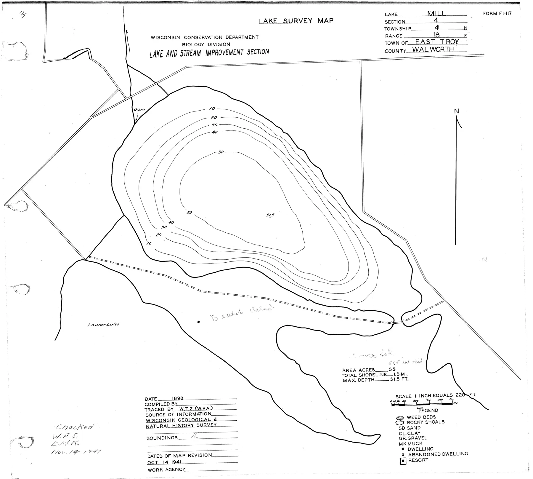 DNR survey map of Mill Lake, with depths in feet. Tap to zoom.