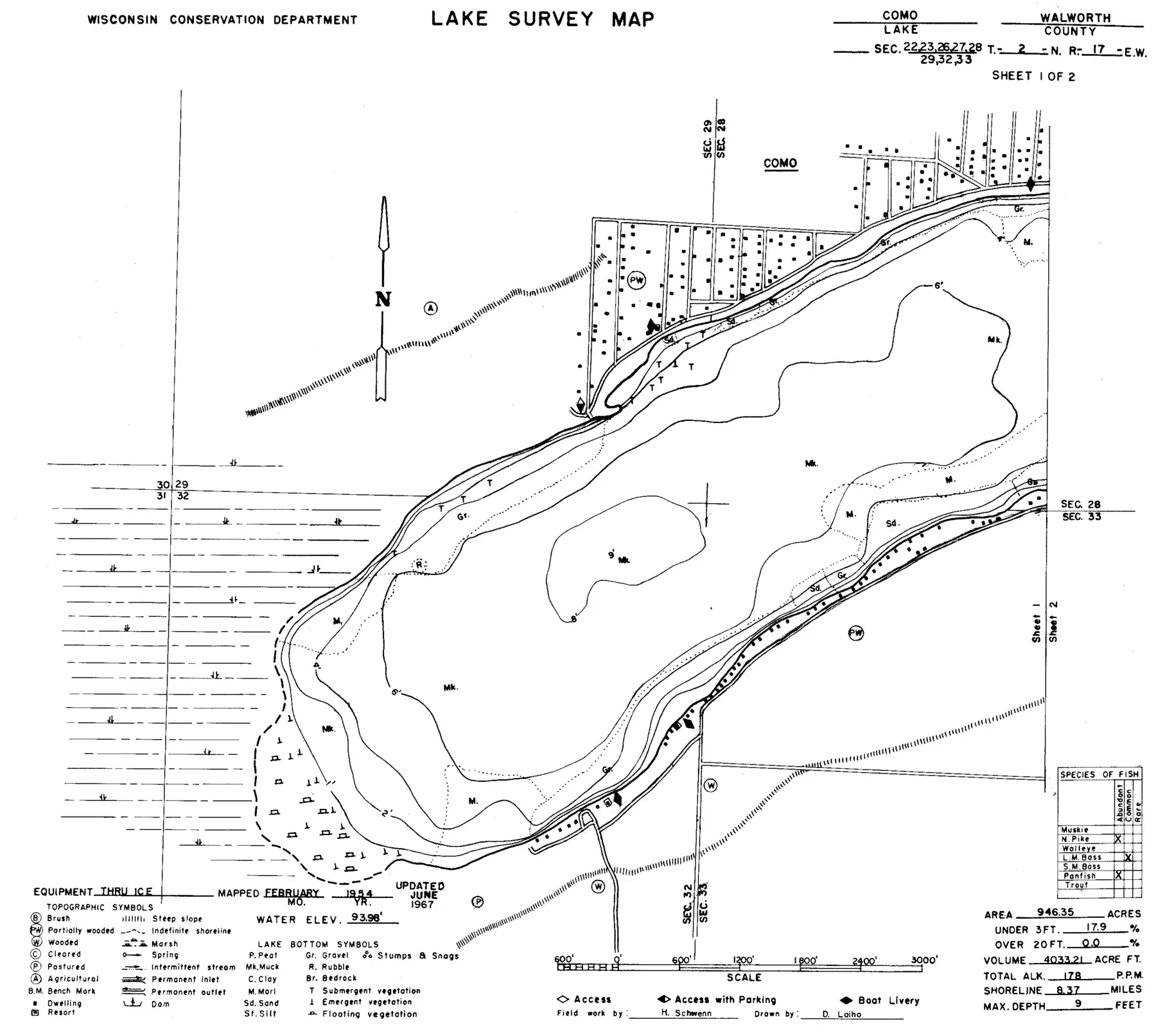 DNR survey map of Como Lake, sheet 1 of 2, with depths in feet. Tap to zoom.