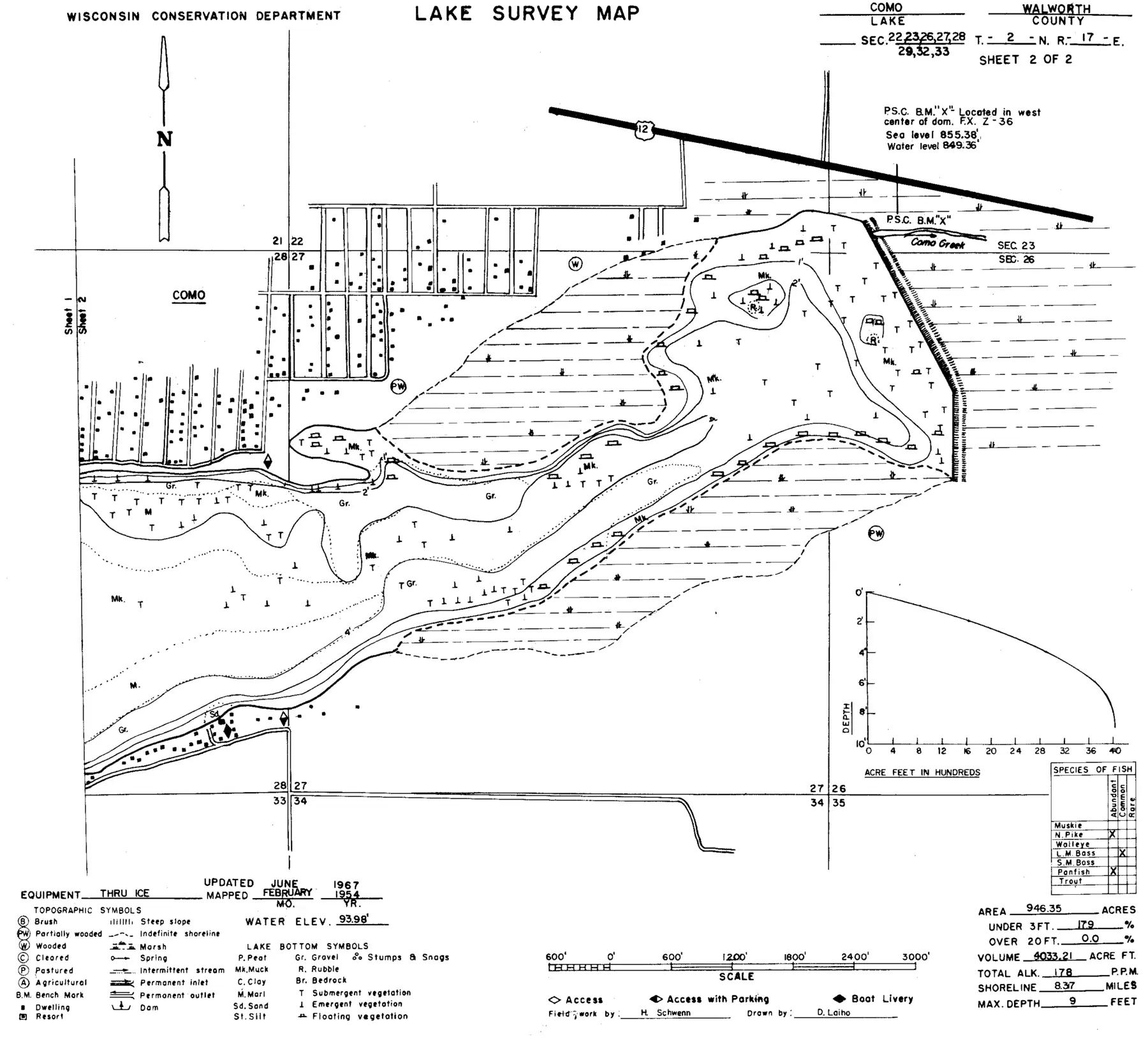 DNR survey map of Como Lake, sheet 2 of 2, with depths in feet. Tap to zoom.