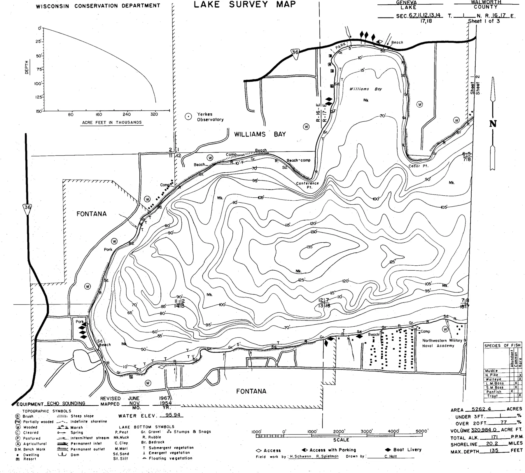 DNR survey map of Geneva Lake, sheet 1 of 3, with depths in feet. Tap to zoom.