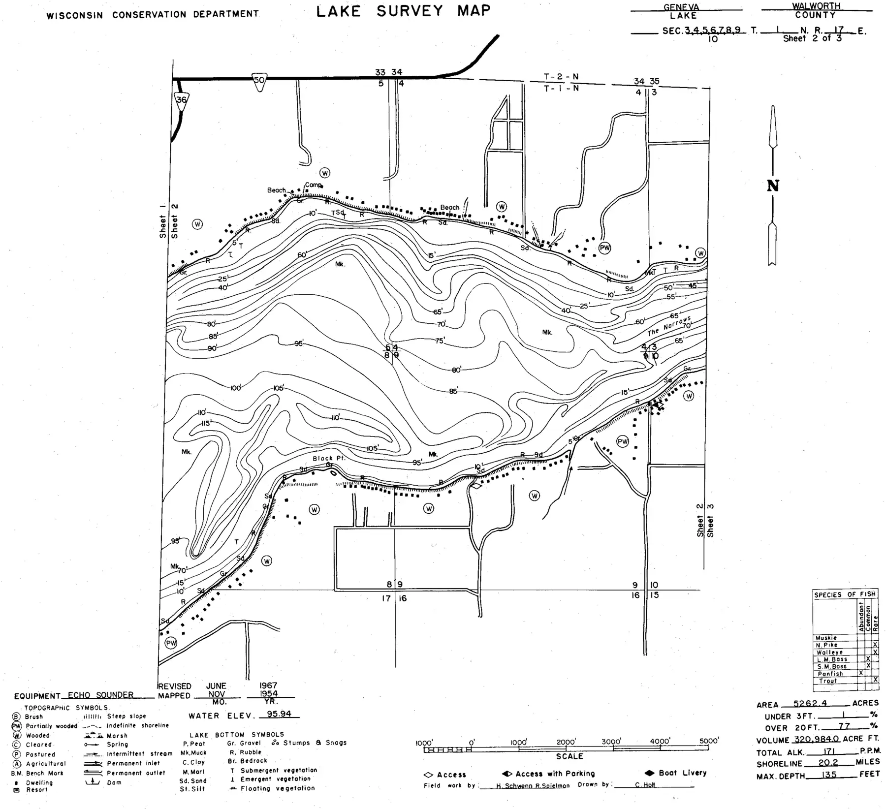 DNR survey map of Geneva Lake, sheet 2 of 3, with depths in feet. Tap to zoom.